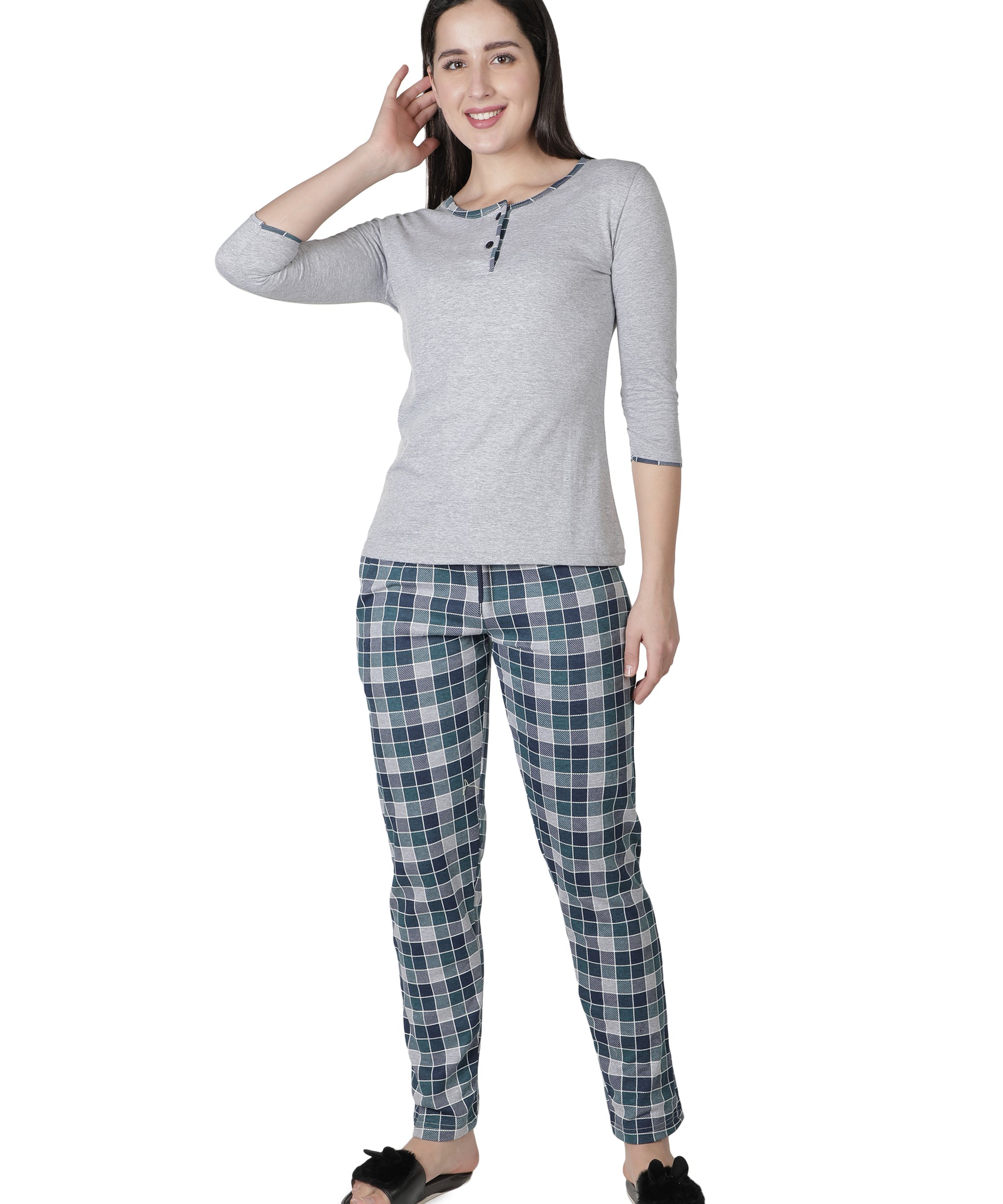 Women's Grey and Checks Round Neck Pyjama Set - Classic Comfort Meets Style