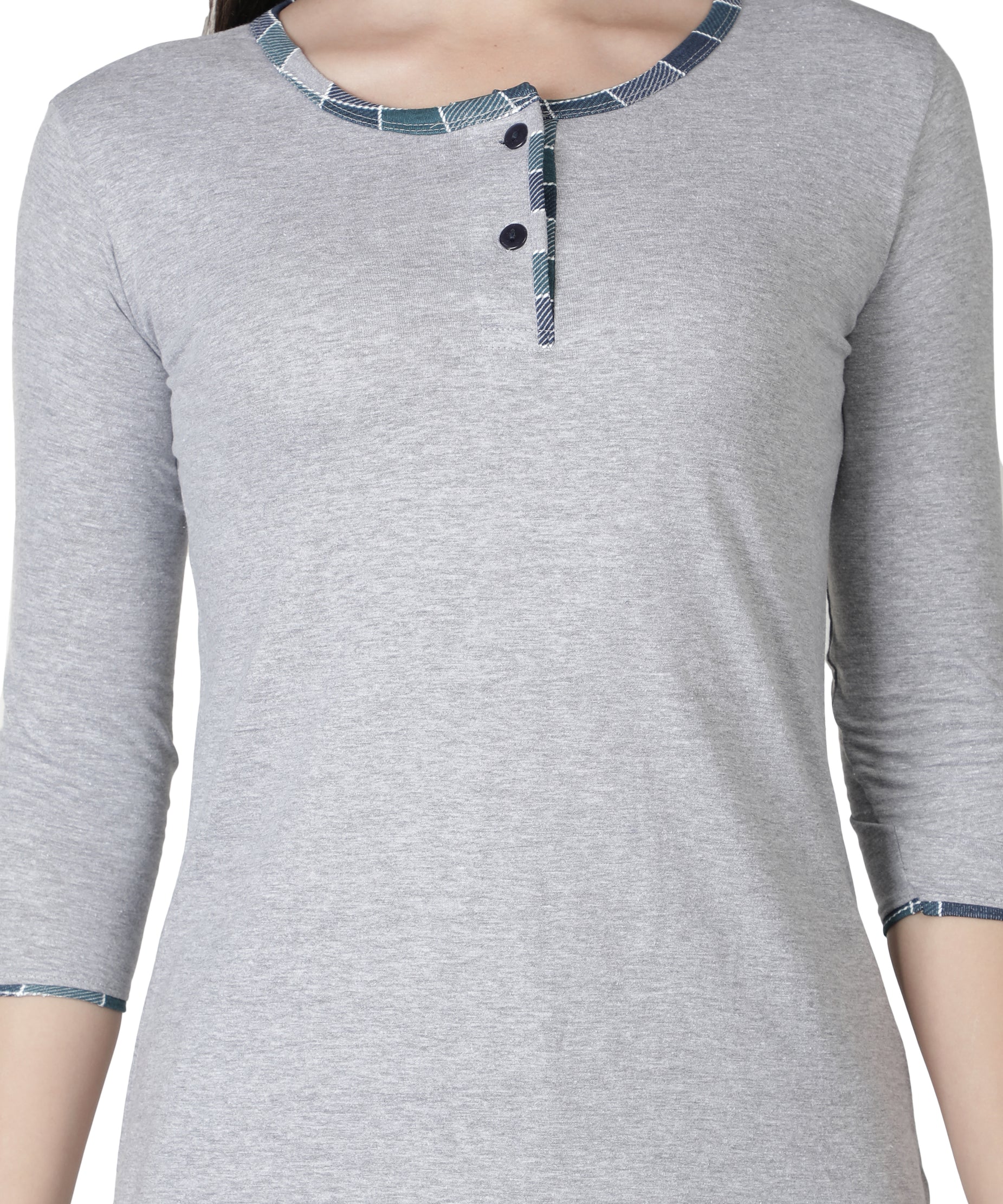 Women's Grey and Checks Round Neck Pyjama Set - Classic Comfort Meets Style