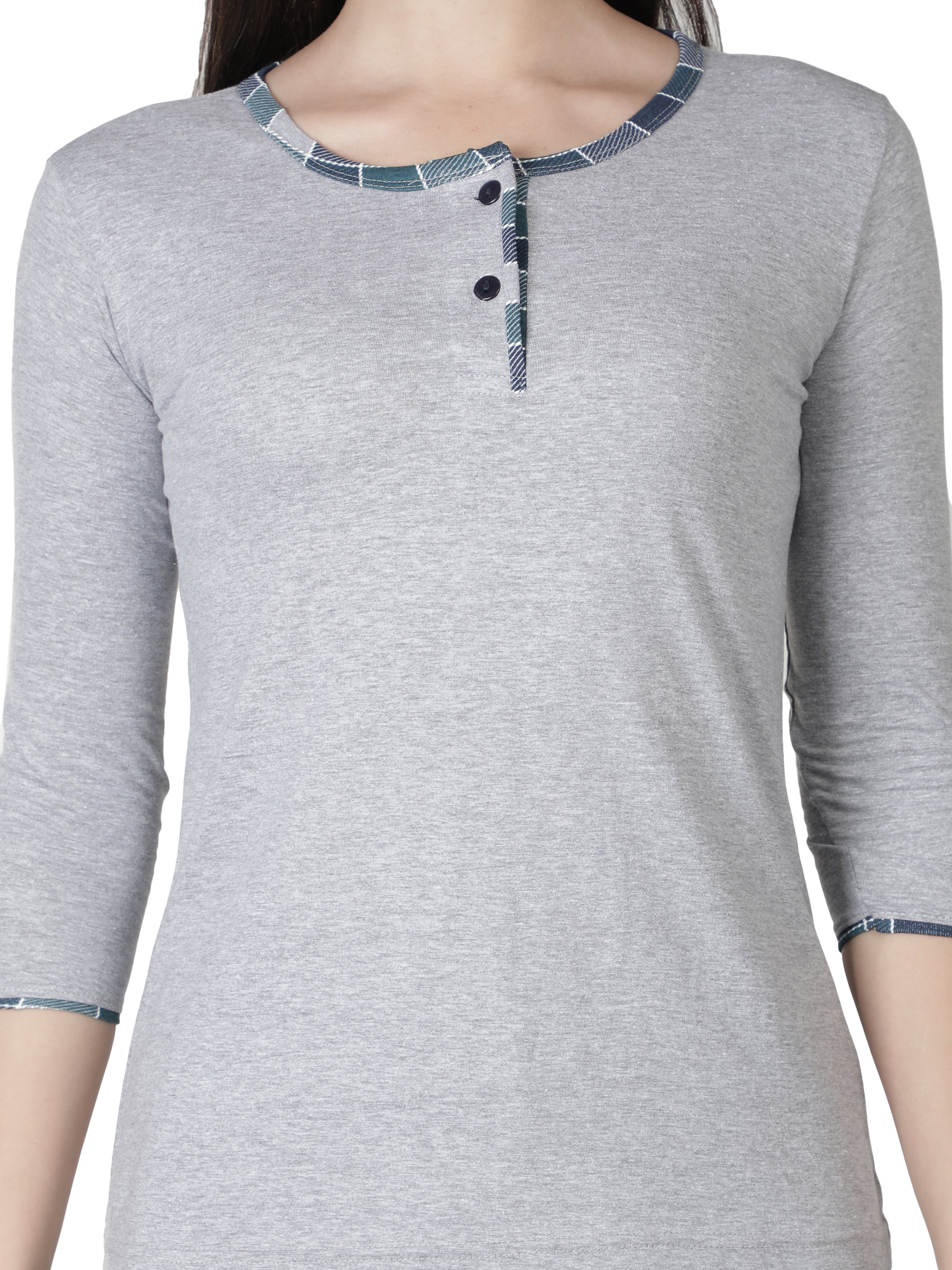 Women's Grey and Checks Round Neck Pyjama Set - Classic Comfort Meets Style