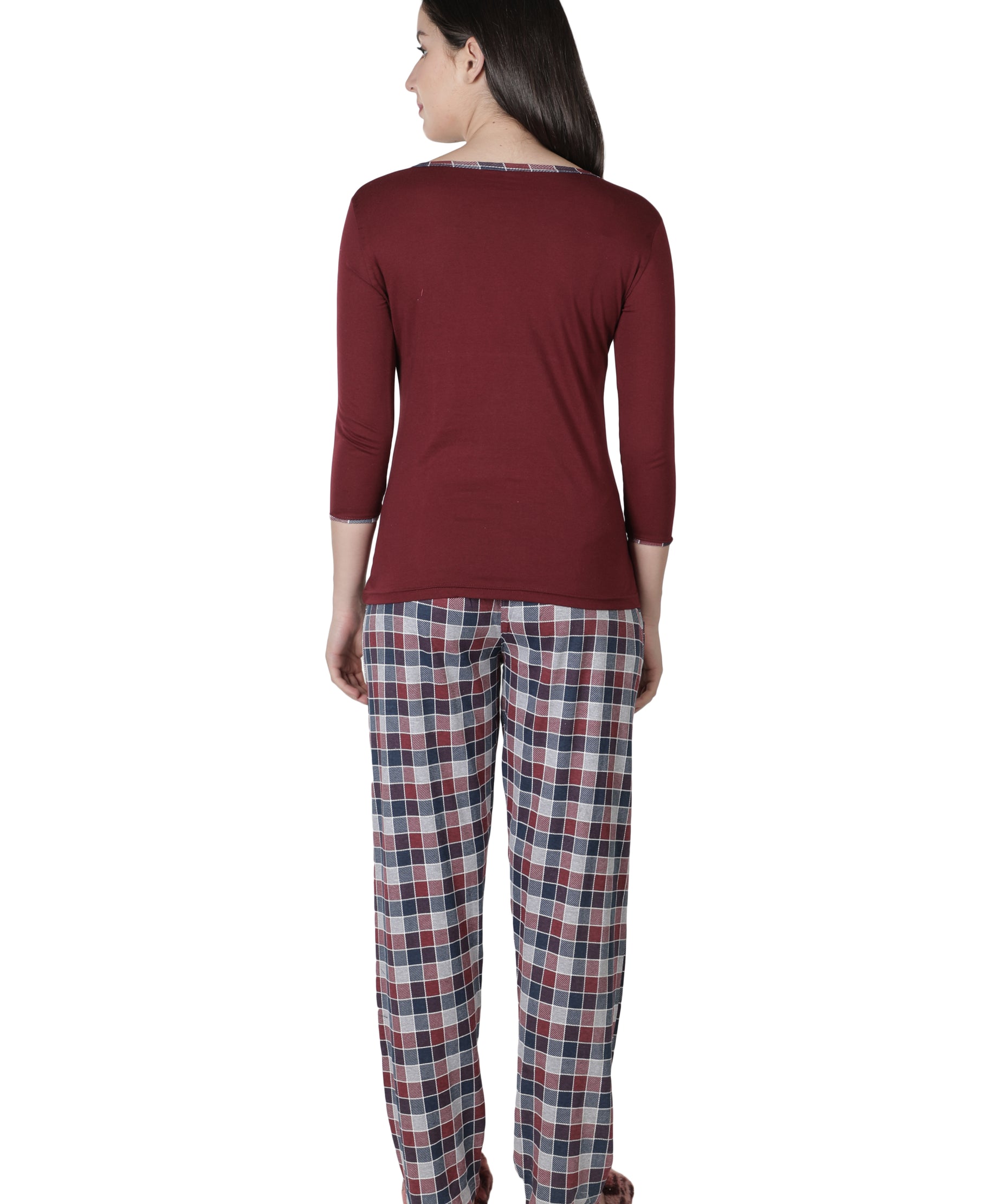 Women's Wine and Checks Round Neck Pyjama Set - Cozy Elegance in Nightwear