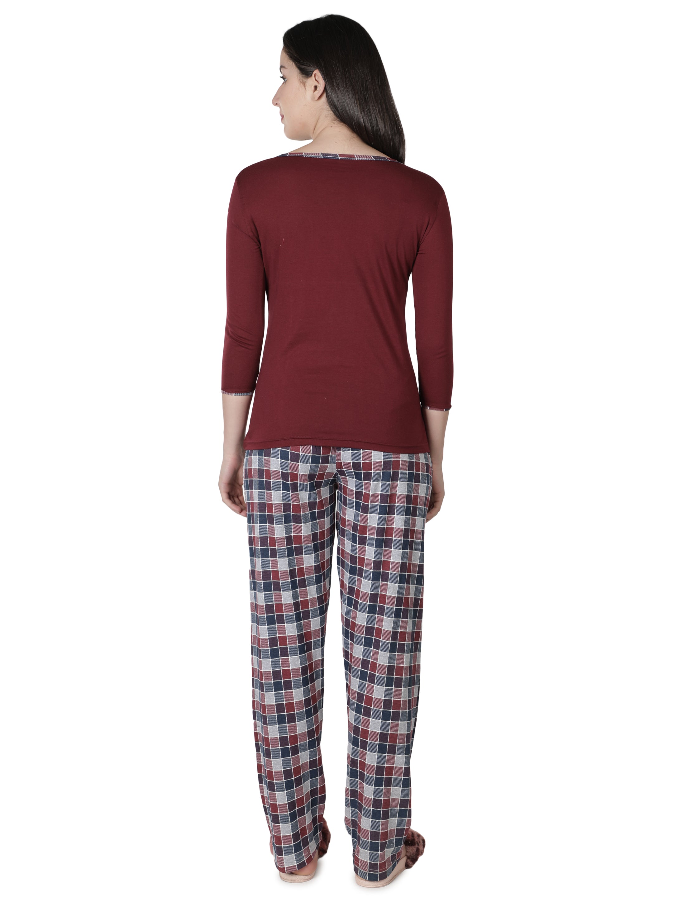 Women's Wine and Checks Round Neck Pyjama Set - Cozy Elegance in Nightwear