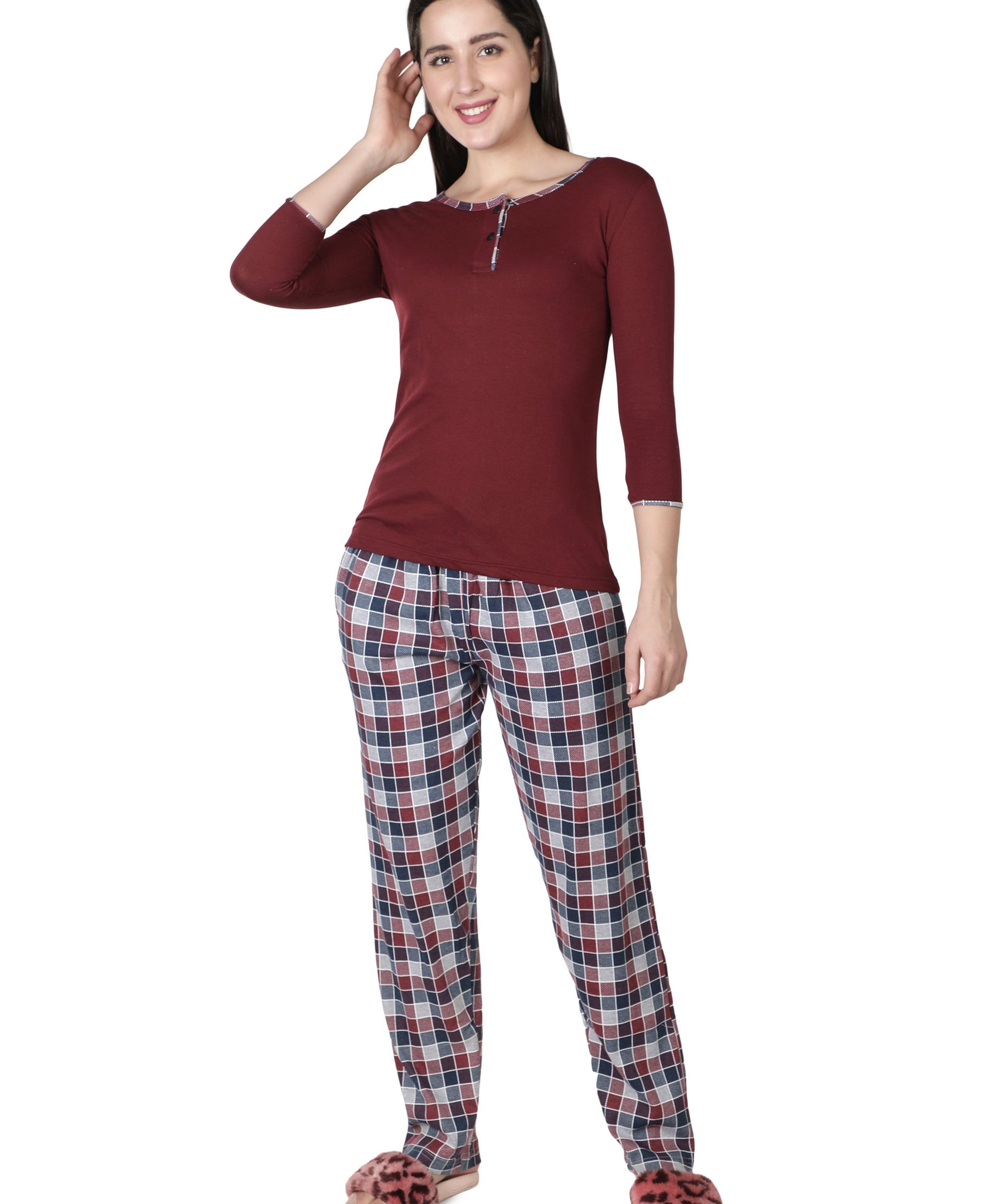 Women's Wine and Checks Round Neck Pyjama Set - Cozy Elegance in Nightwear