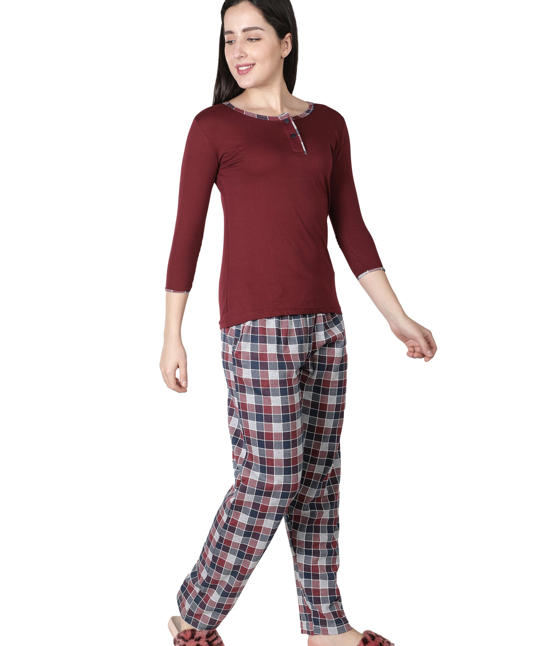 Women's Wine and Checks Round Neck Pyjama Set - Cozy Elegance in Nightwear
