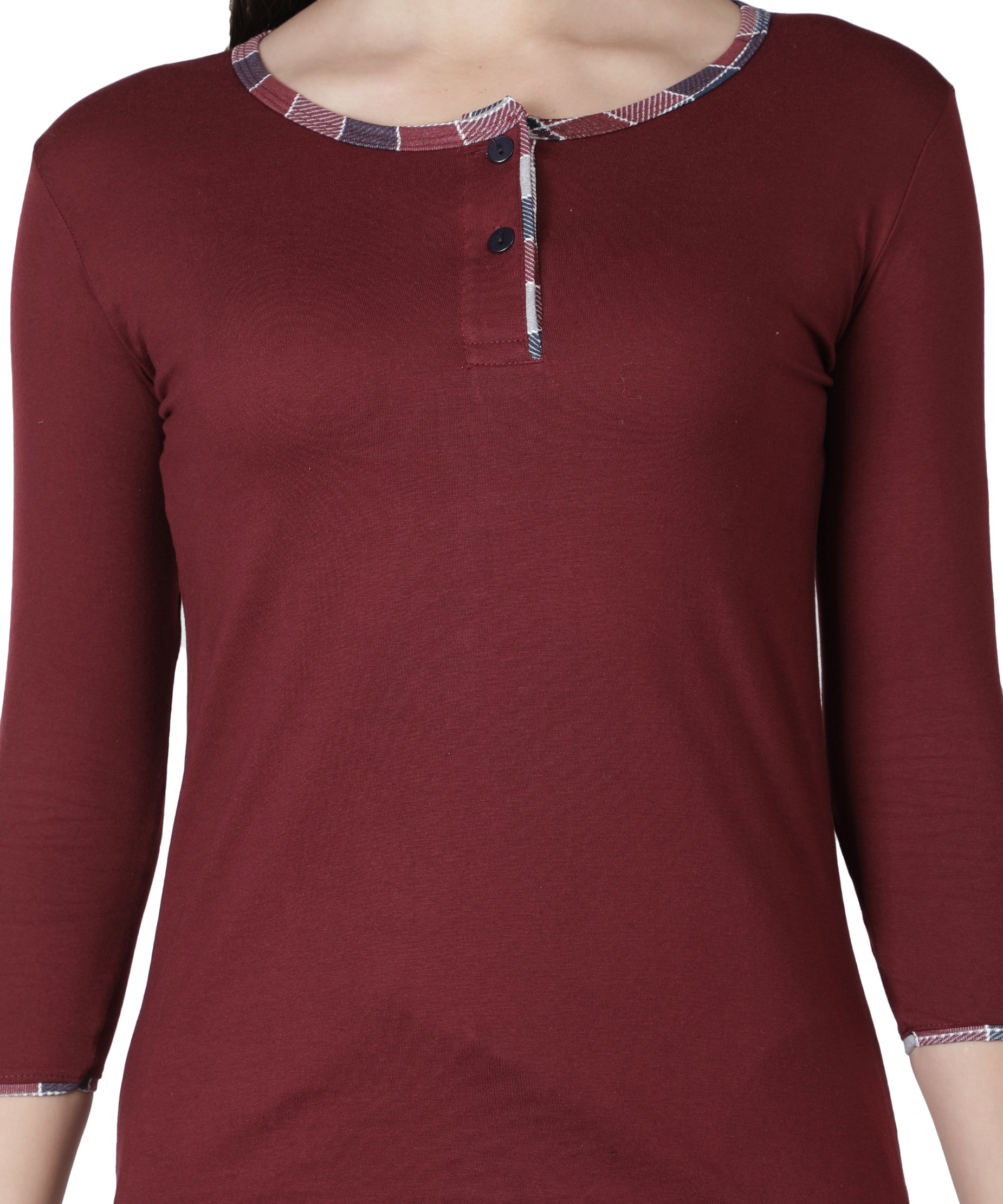 Women's Wine and Checks Round Neck Pyjama Set - Cozy Elegance in Nightwear