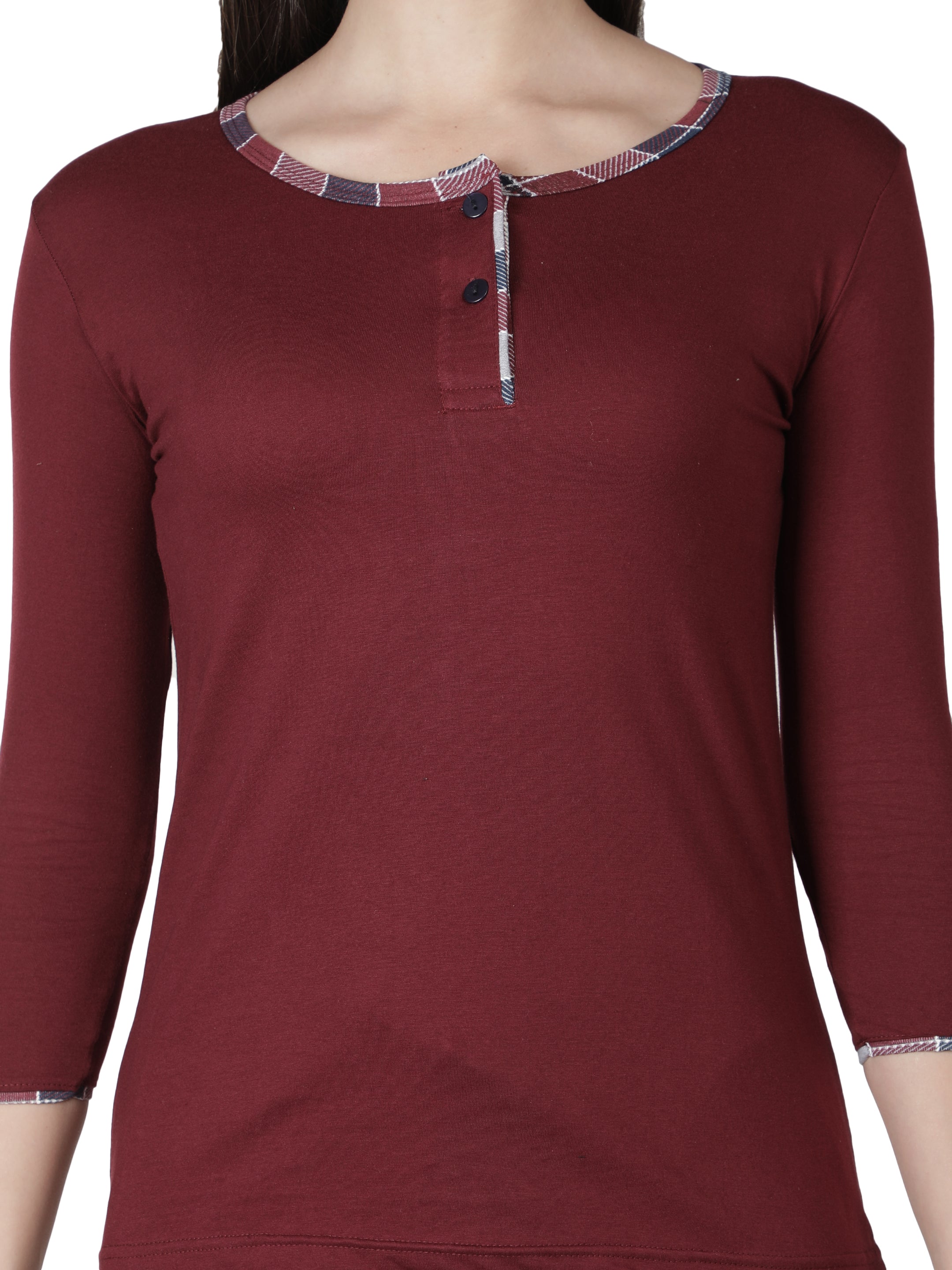 Women's Wine and Checks Round Neck Pyjama Set - Cozy Elegance in Nightwear