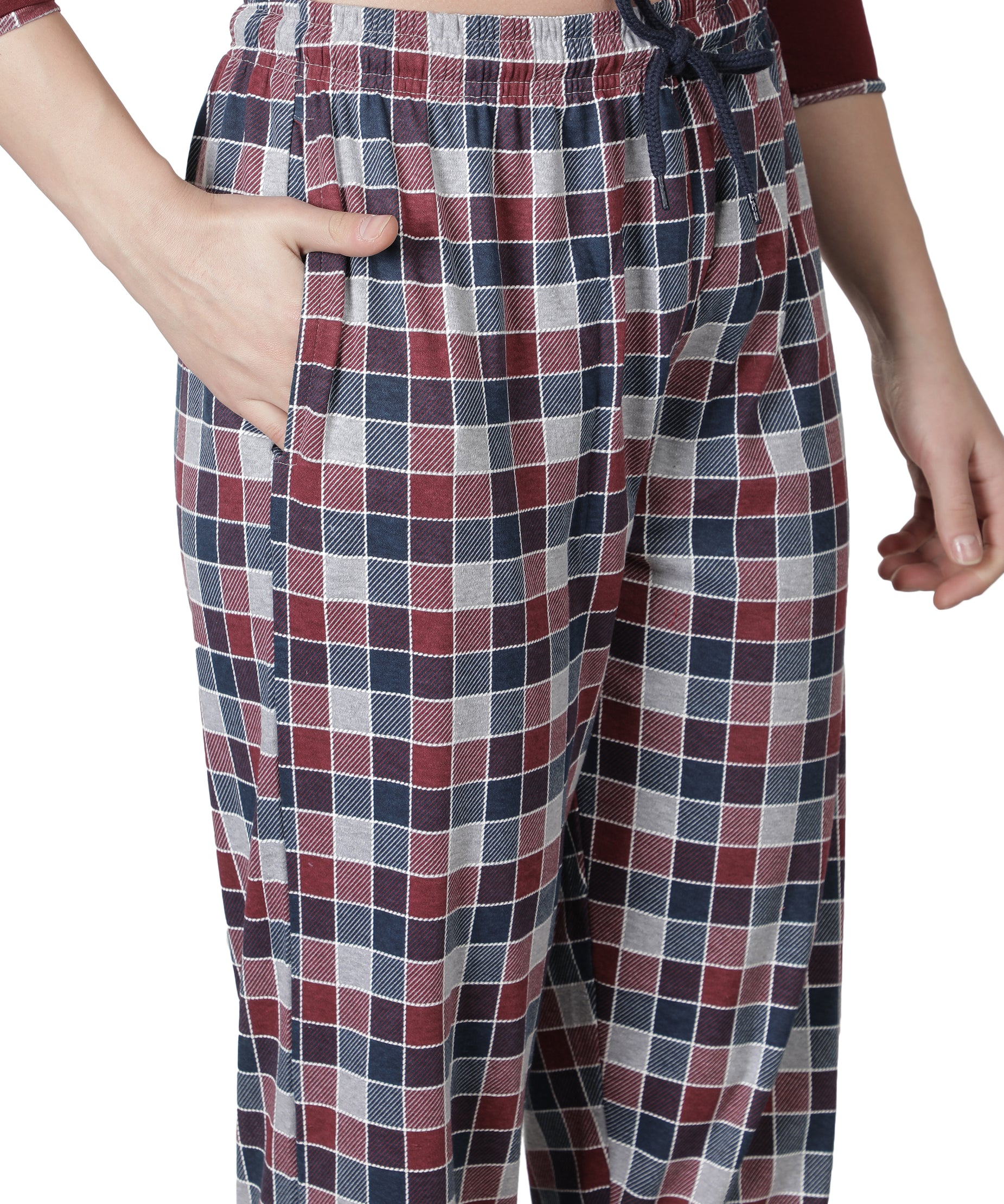 Women's Wine and Checks Round Neck Pyjama Set - Cozy Elegance in Nightwear