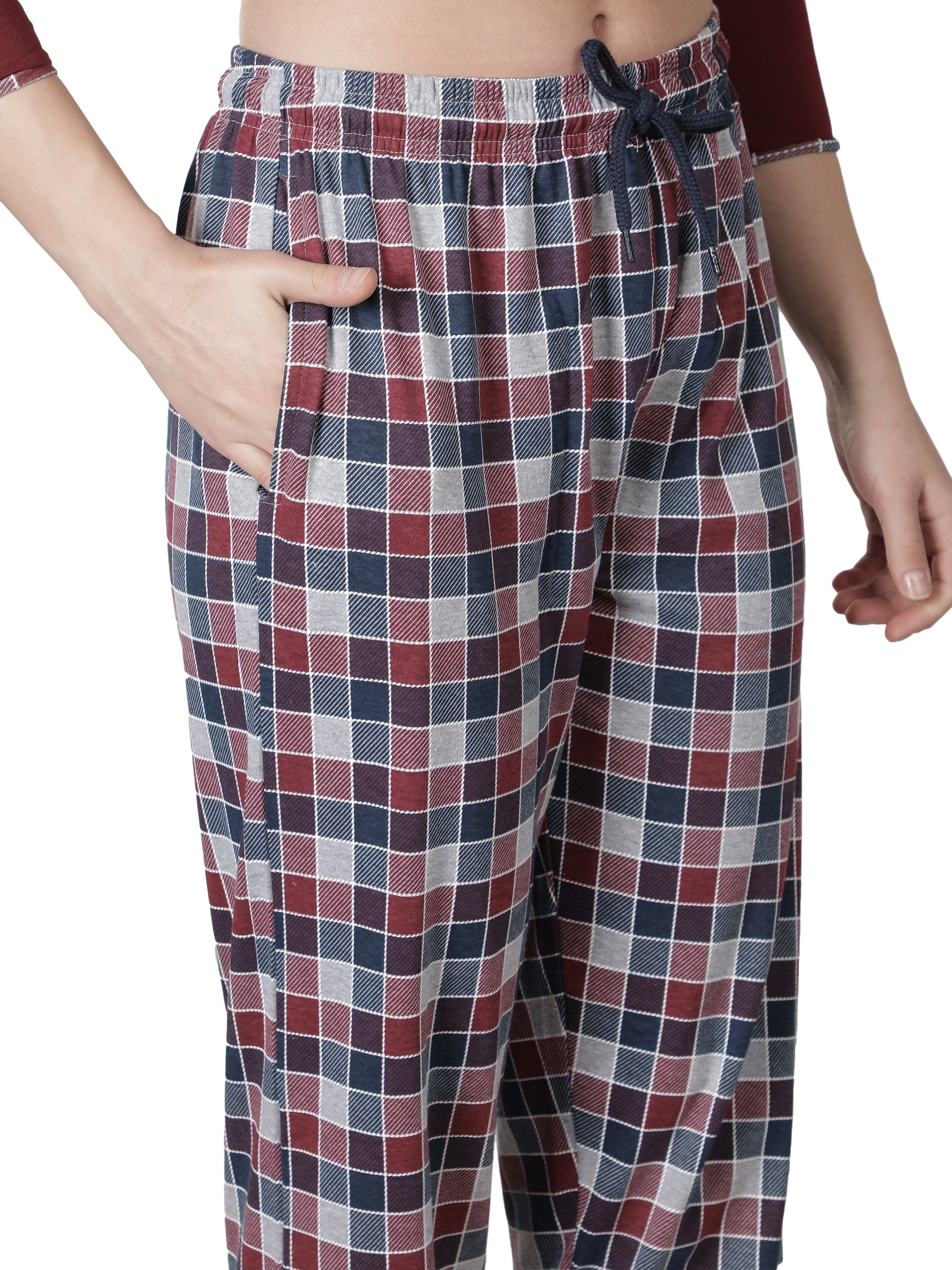 Women's Wine and Checks Round Neck Pyjama Set - Cozy Elegance in Nightwear