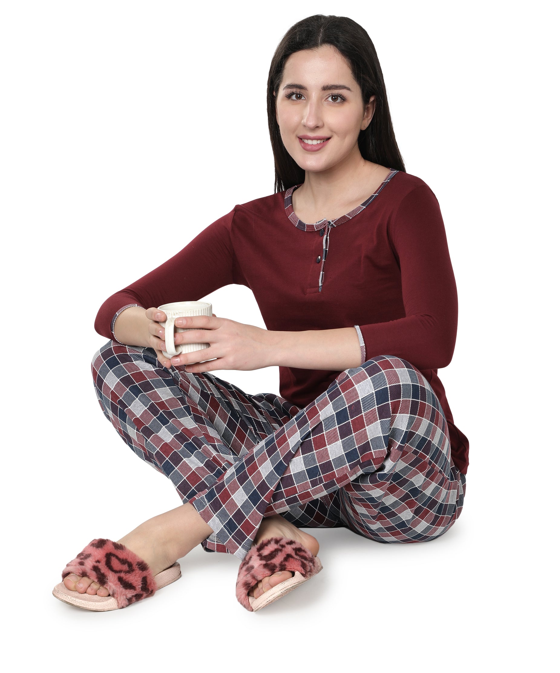 Women's Wine and Checks Round Neck Pyjama Set - Cozy Elegance in Nightwear