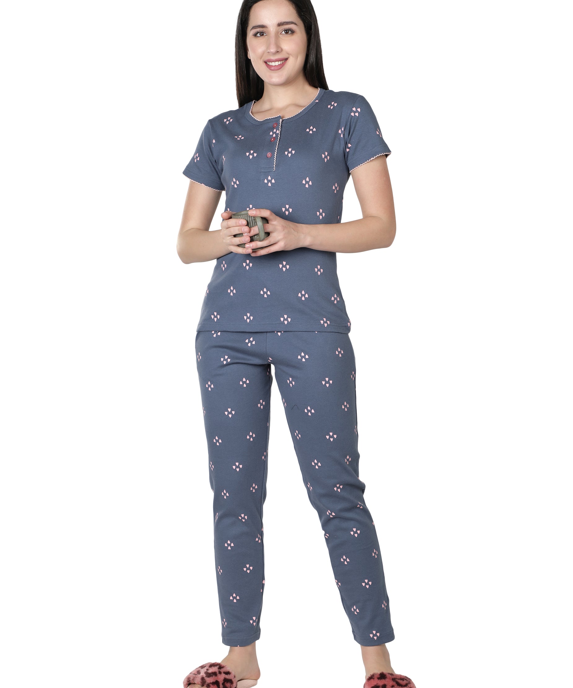 Women's Navy Blue 4 Hearts Round Neck Pyjama Set - Sweet Dreams in Style