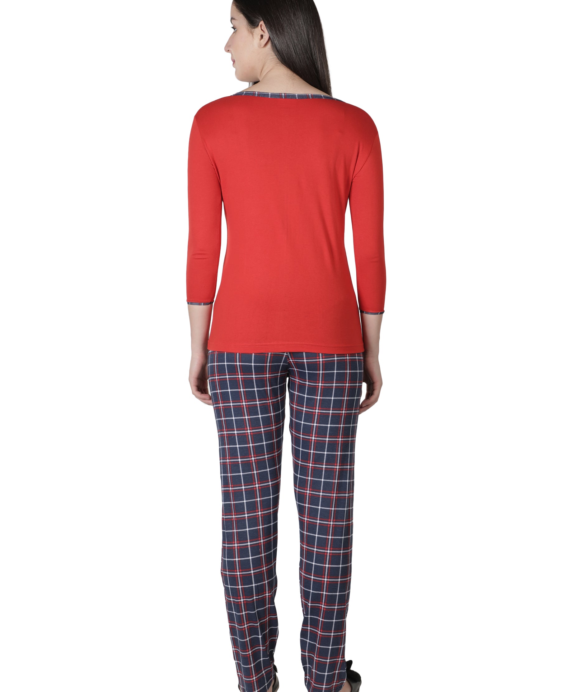 Women's Reds and Checks Round Neck Pyjama Set - Classic Comfort in Nightwear