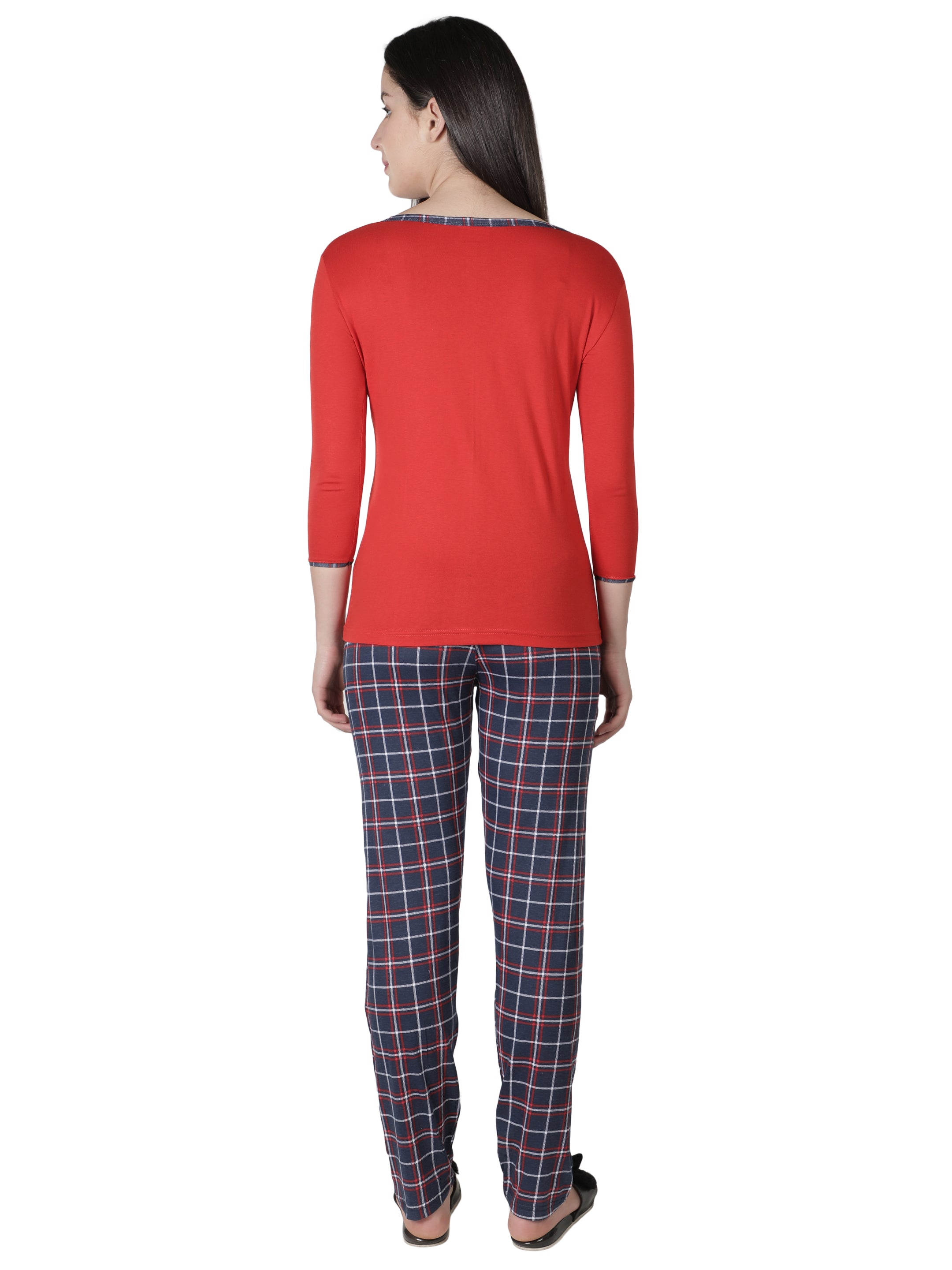 Women's Reds and Checks Round Neck Pyjama Set - Classic Comfort in Nightwear
