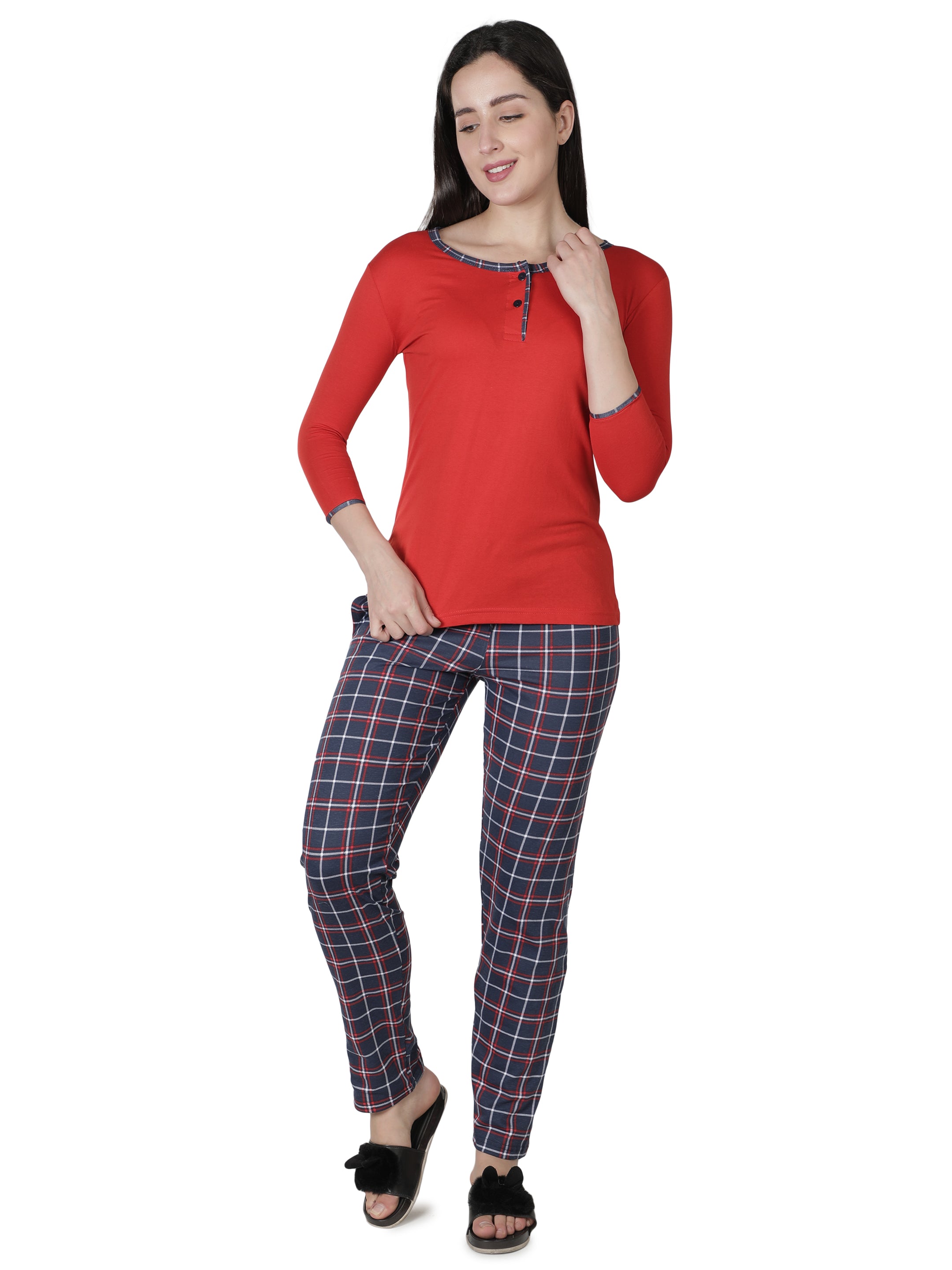 Women's Reds and Checks Round Neck Pyjama Set - Classic Comfort in Nightwear