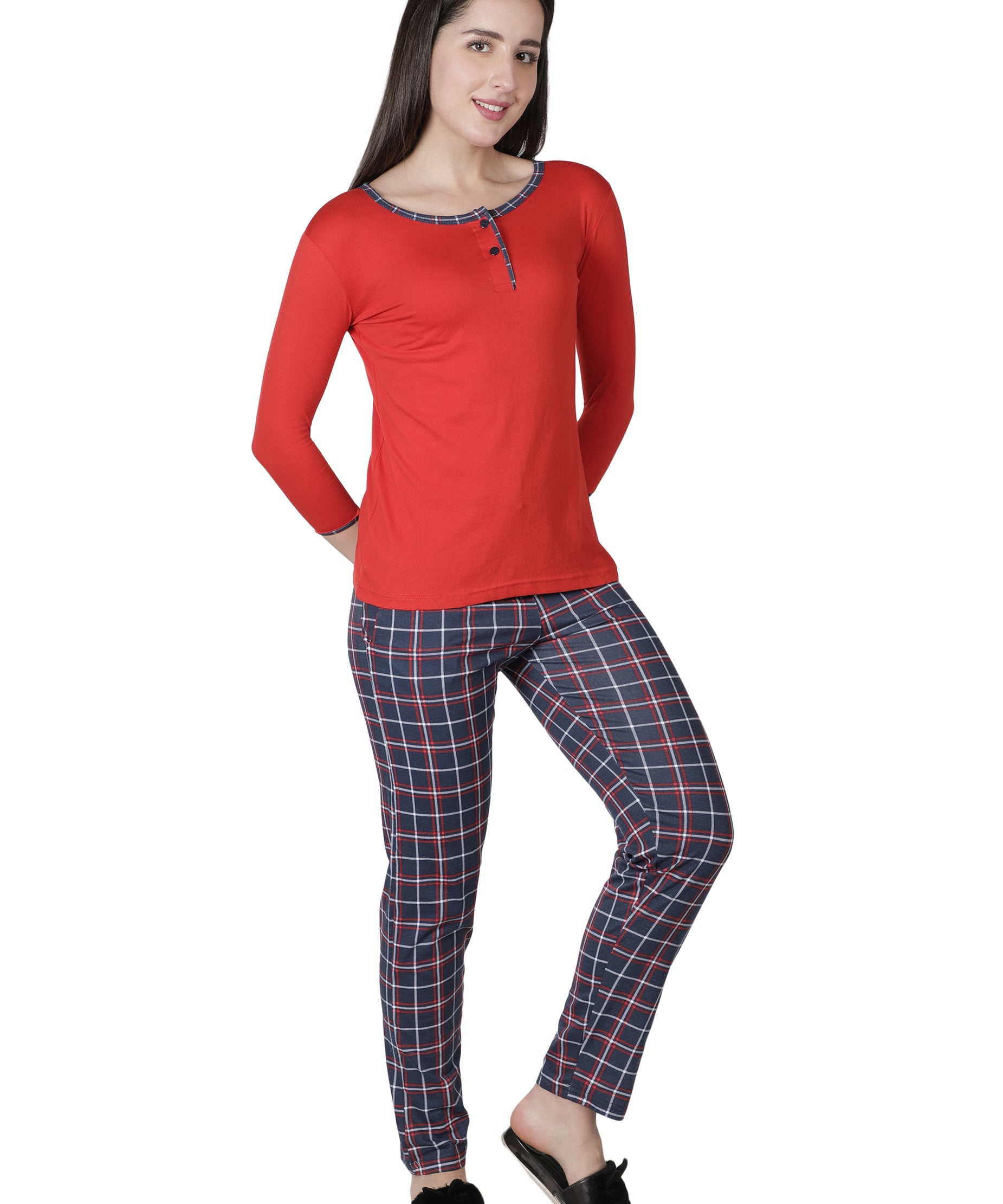 Women's Reds and Checks Round Neck Pyjama Set - Classic Comfort in Nightwear