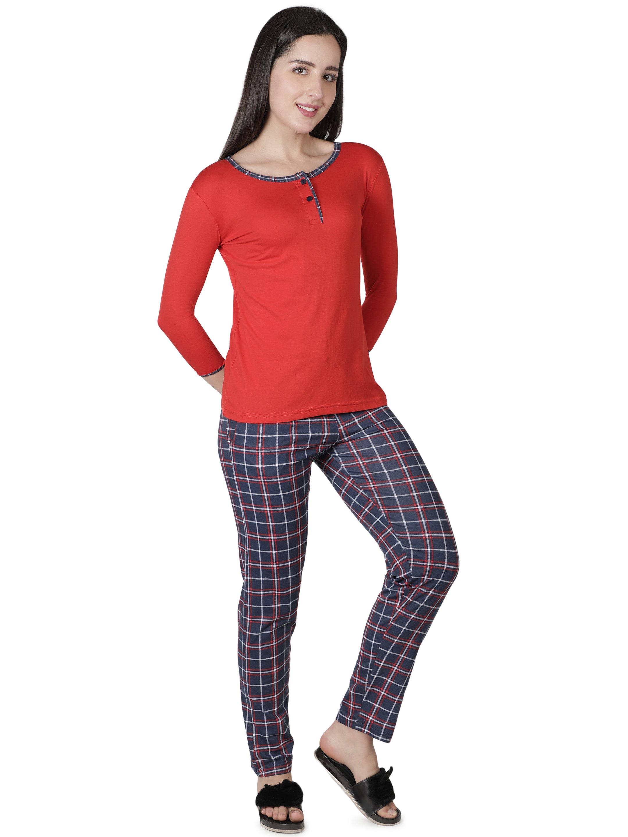 Women's Reds and Checks Round Neck Pyjama Set - Classic Comfort in Nightwear