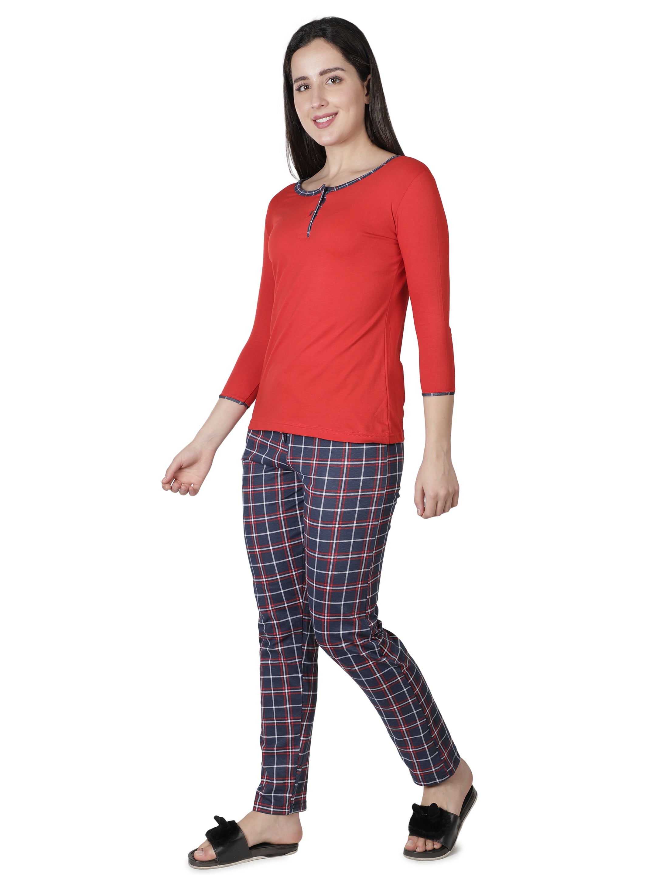 Women's Reds and Checks Round Neck Pyjama Set - Classic Comfort in Nightwear