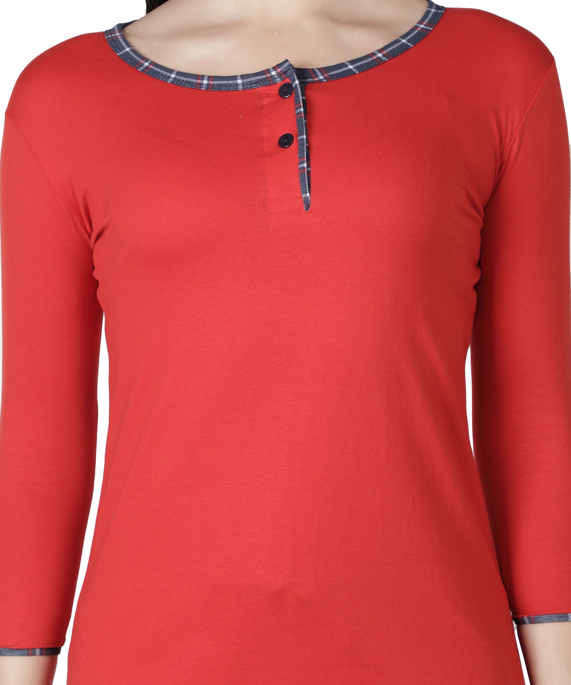 Women's Reds and Checks Round Neck Pyjama Set - Classic Comfort in Nightwear