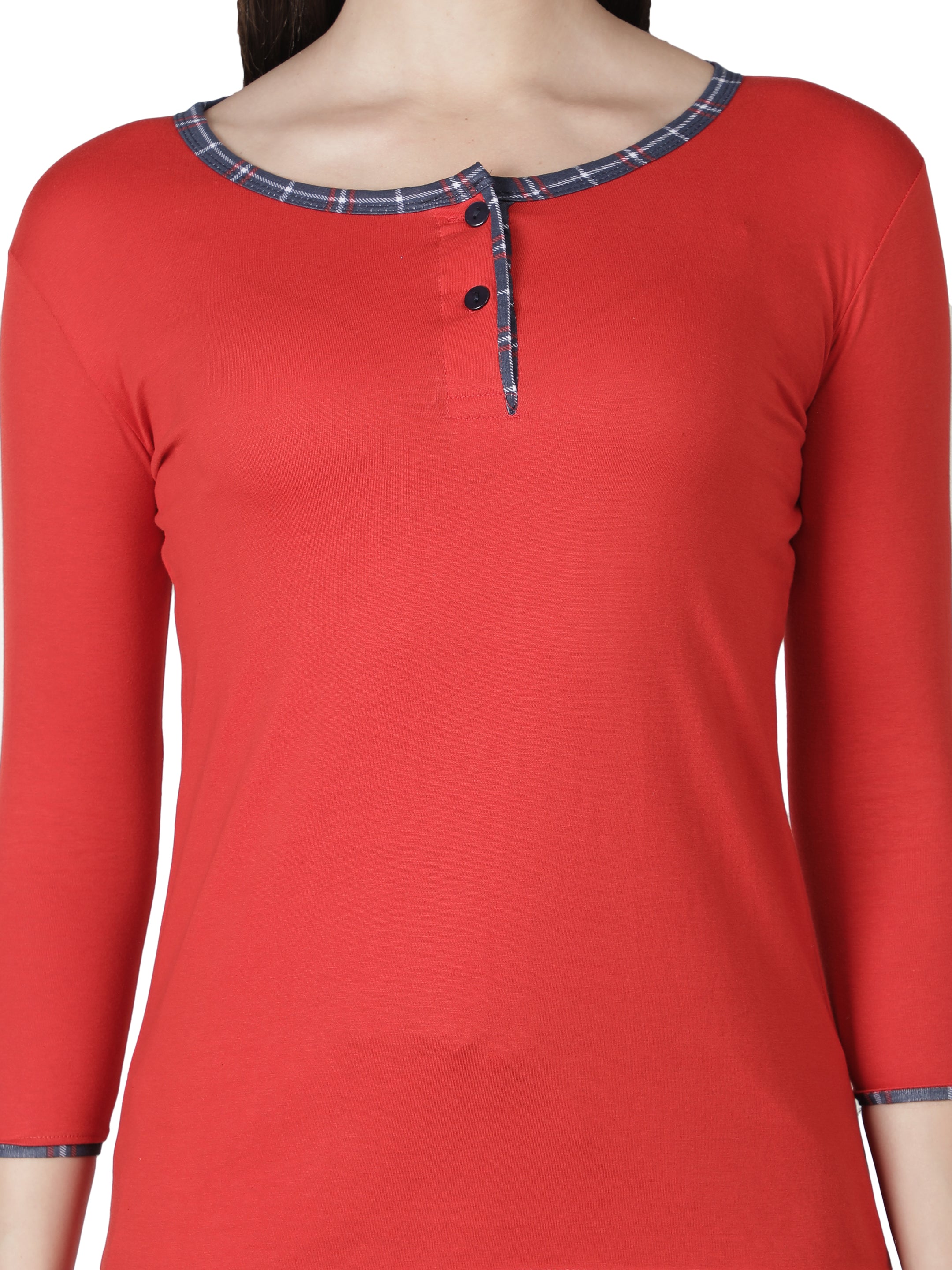 Women's Reds and Checks Round Neck Pyjama Set - Classic Comfort in Nightwear