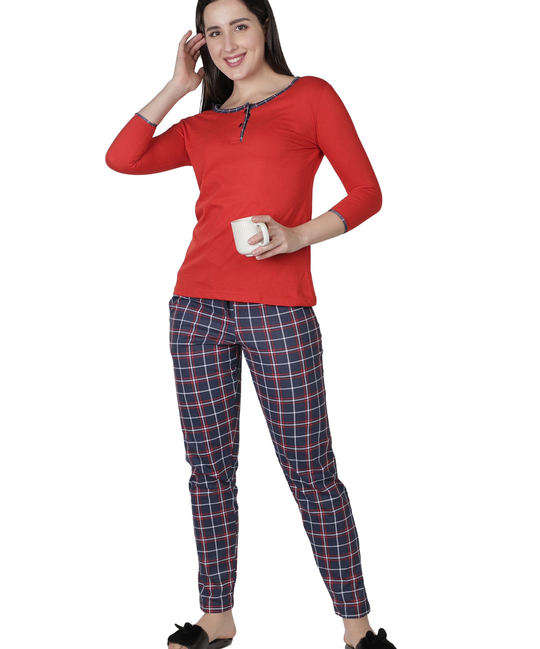 Women's Reds and Checks Round Neck Pyjama Set - Classic Comfort in Nightwear