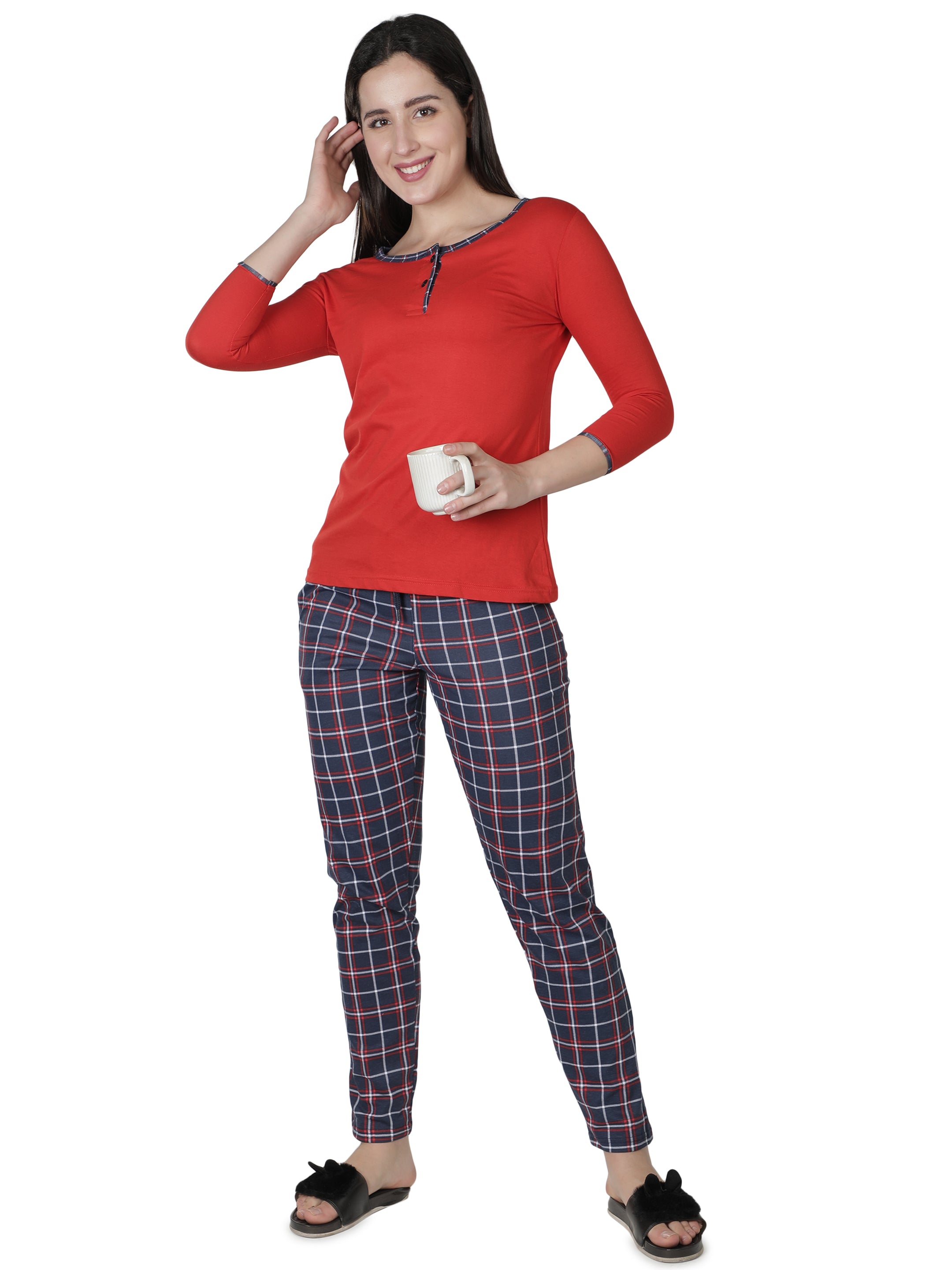 Women's Reds and Checks Round Neck Pyjama Set - Classic Comfort in Nightwear