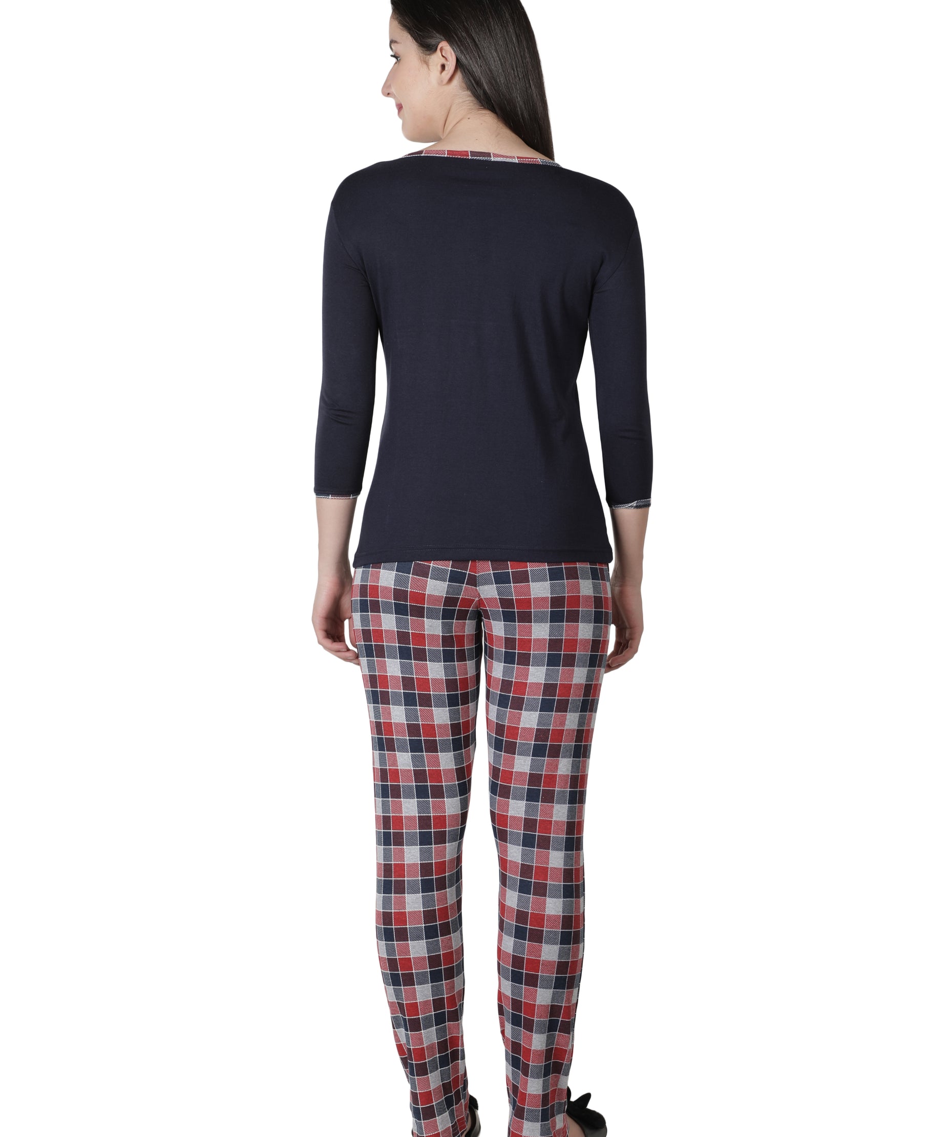 Women's Navy Blue and Checks Round Neck Pyjama Set - Timeless Comfort with a Twist