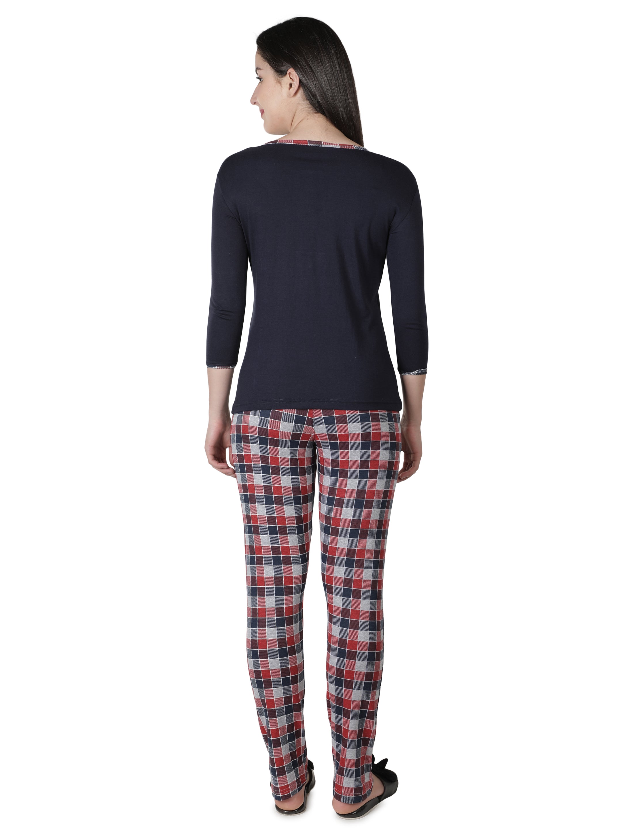 Women's Navy Blue and Checks Round Neck Pyjama Set - Timeless Comfort with a Twist
