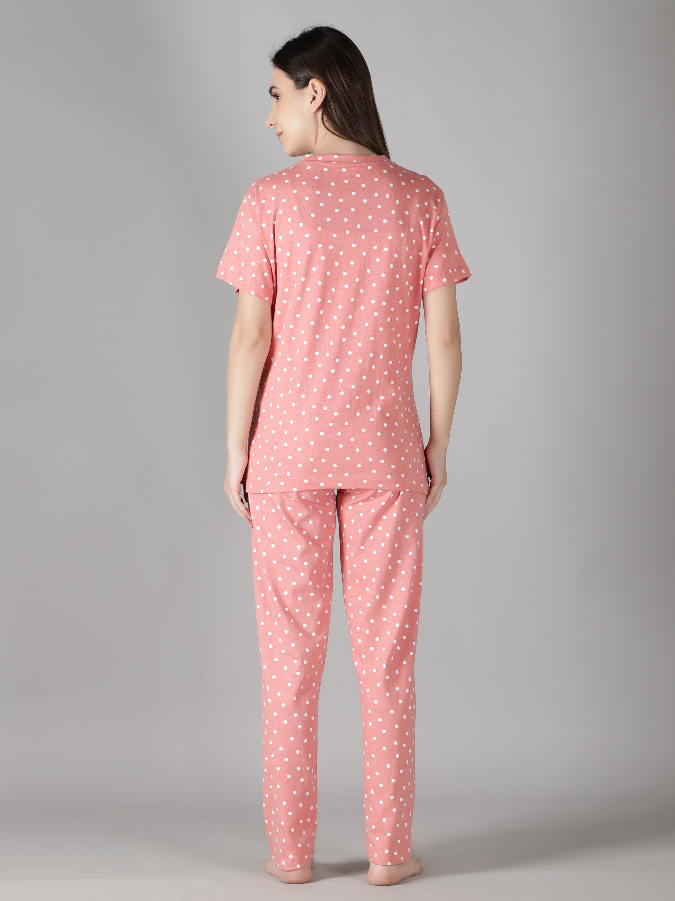 Women's Peach White Dots Nursing PJ Set - Practical & Stylish Maternity Sleepwear