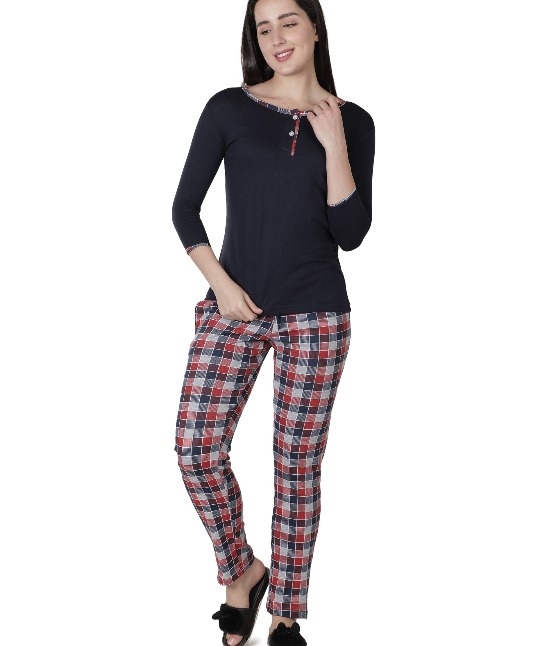 Women's Navy Blue and Checks Round Neck Pyjama Set - Timeless Comfort with a Twist