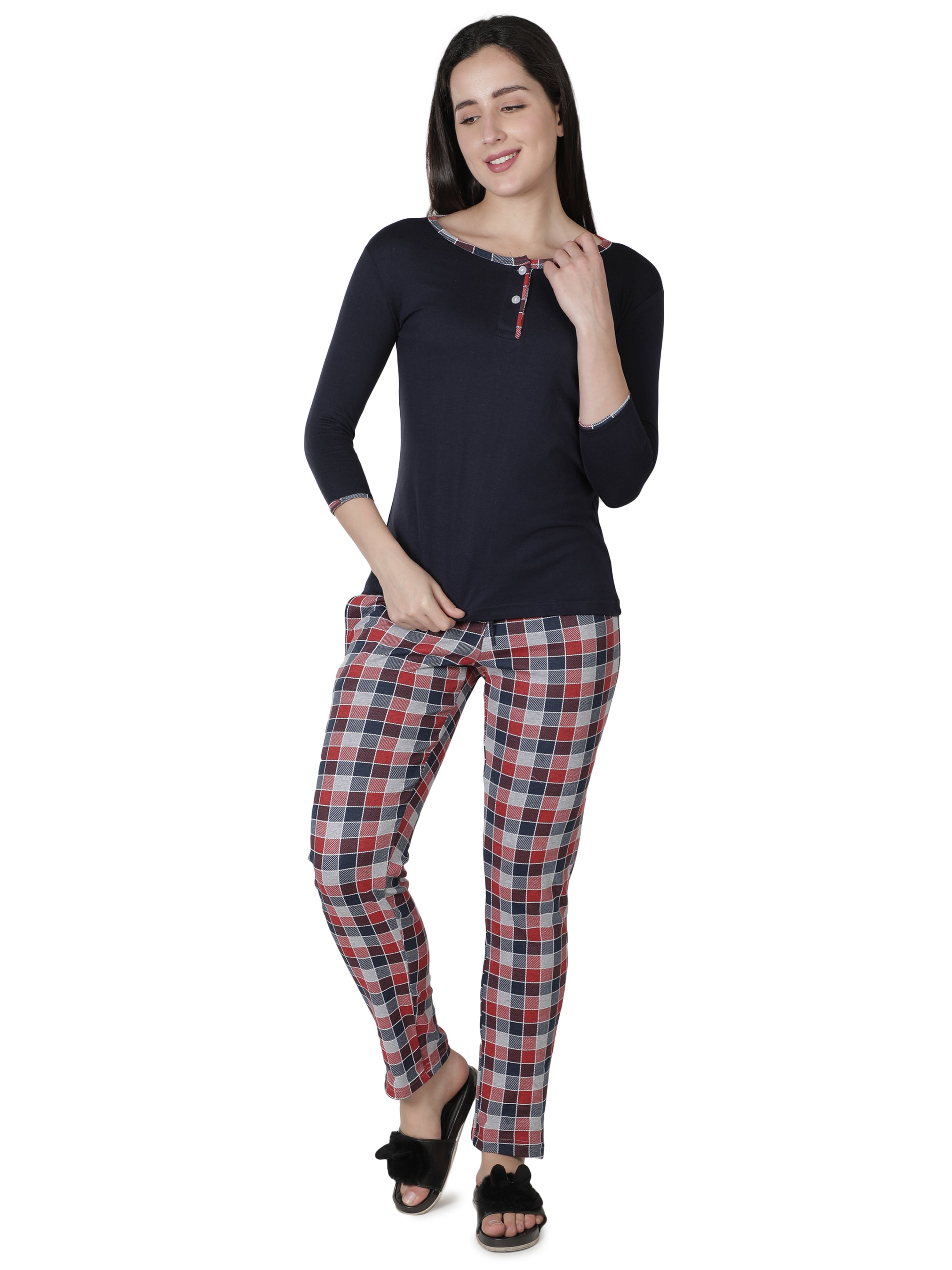 Women's Navy Blue and Checks Round Neck Pyjama Set - Timeless Comfort with a Twist