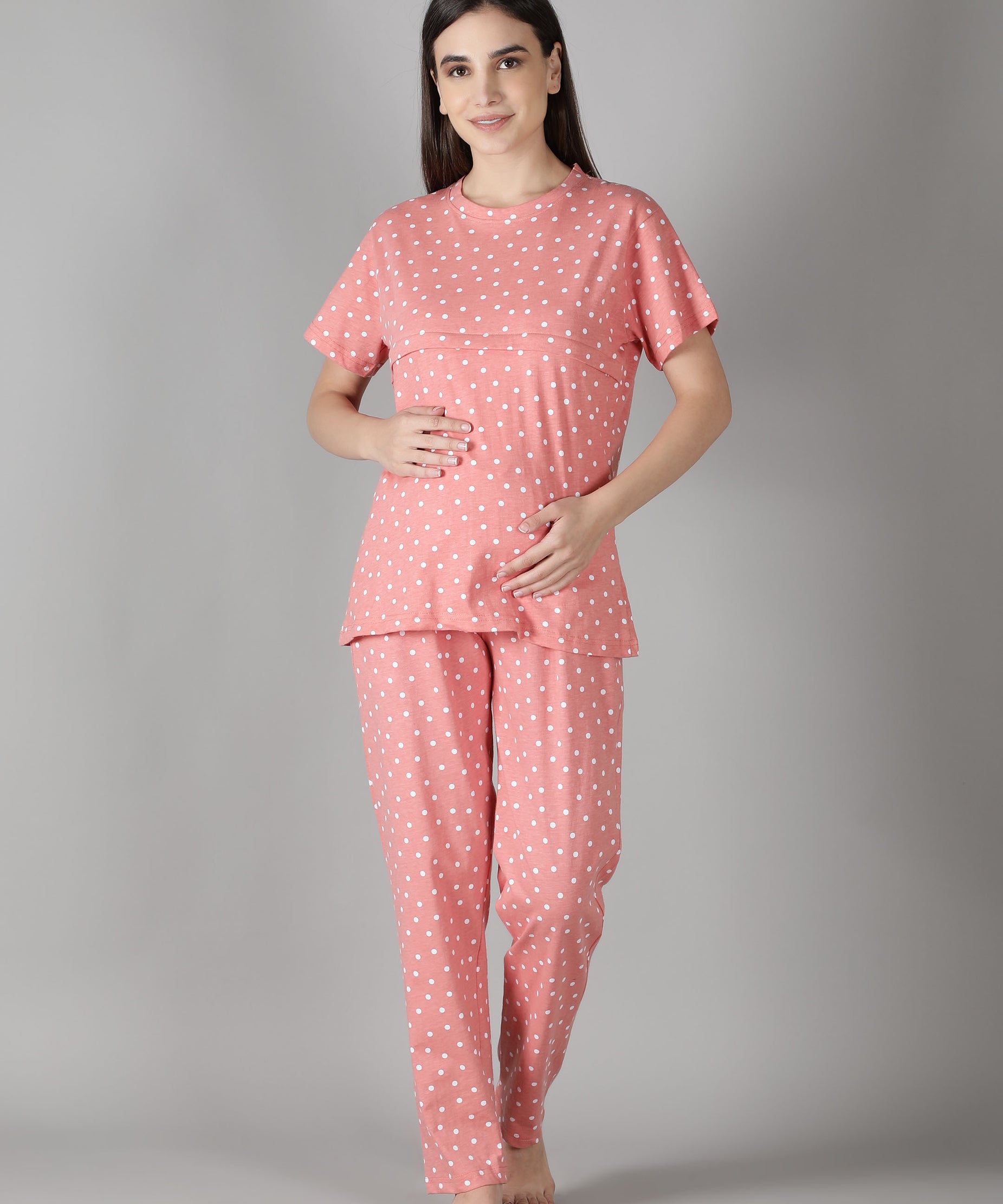 Women's Peach White Dots Nursing PJ Set - Practical & Stylish Maternity Sleepwear