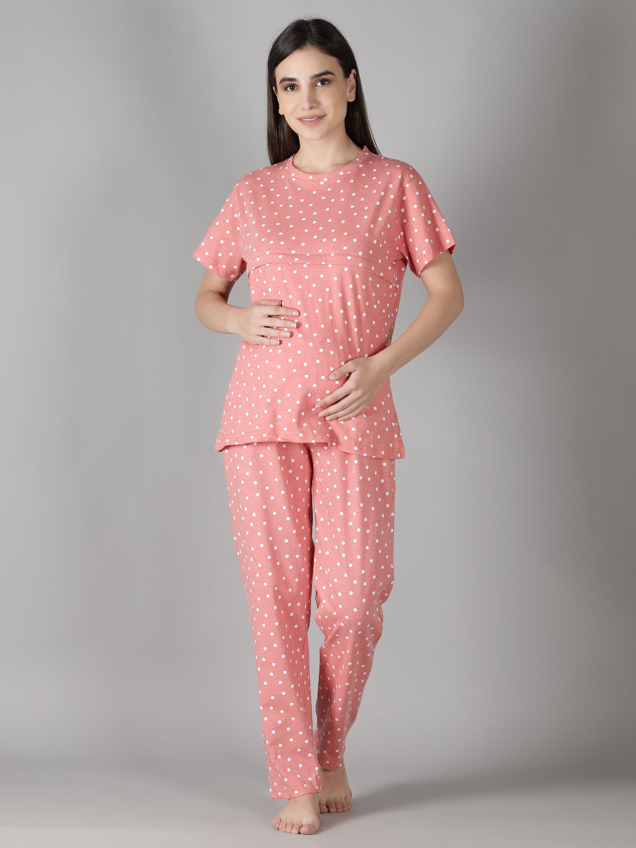 Women's Peach White Dots Nursing PJ Set - Practical & Stylish Maternity Sleepwear