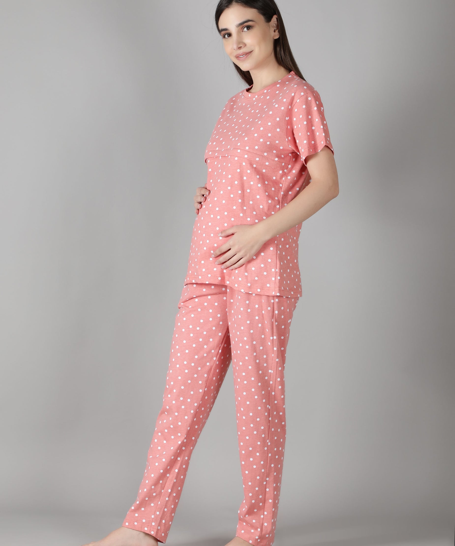 Women's Peach White Dots Nursing PJ Set - Practical & Stylish Maternity Sleepwear