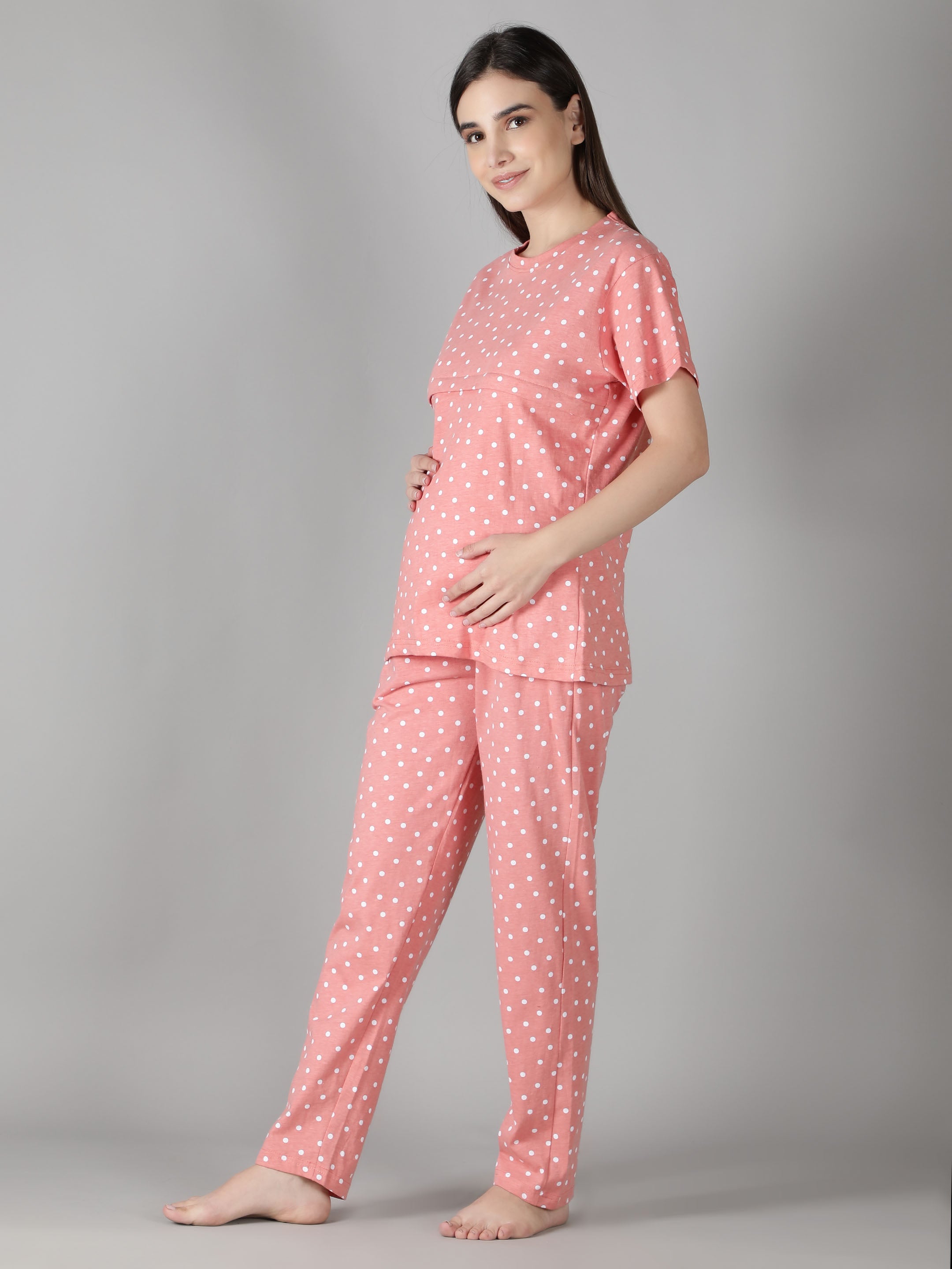 Women's Peach White Dots Nursing PJ Set - Practical & Stylish Maternity Sleepwear