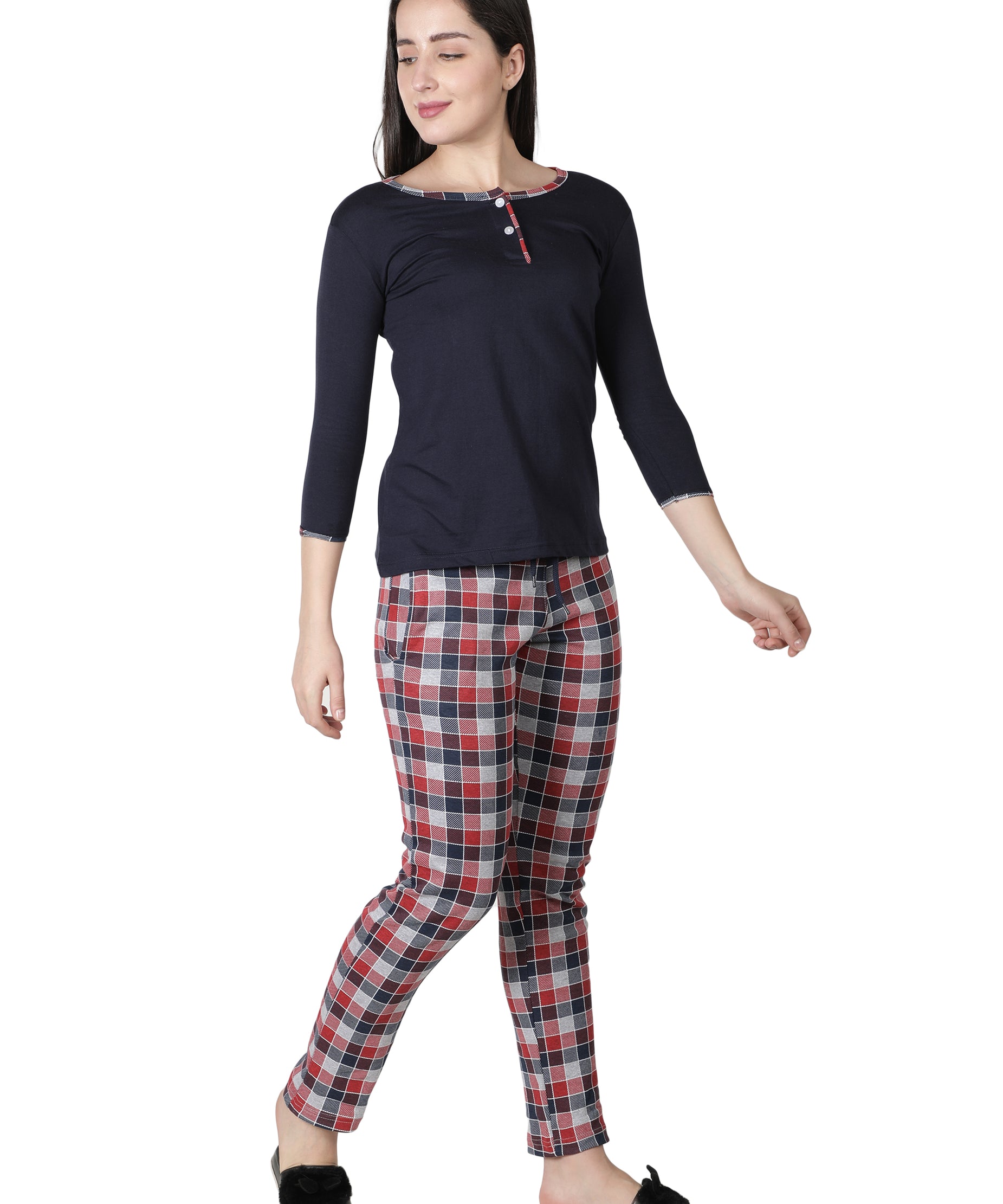 Women's Navy Blue and Checks Round Neck Pyjama Set - Timeless Comfort with a Twist