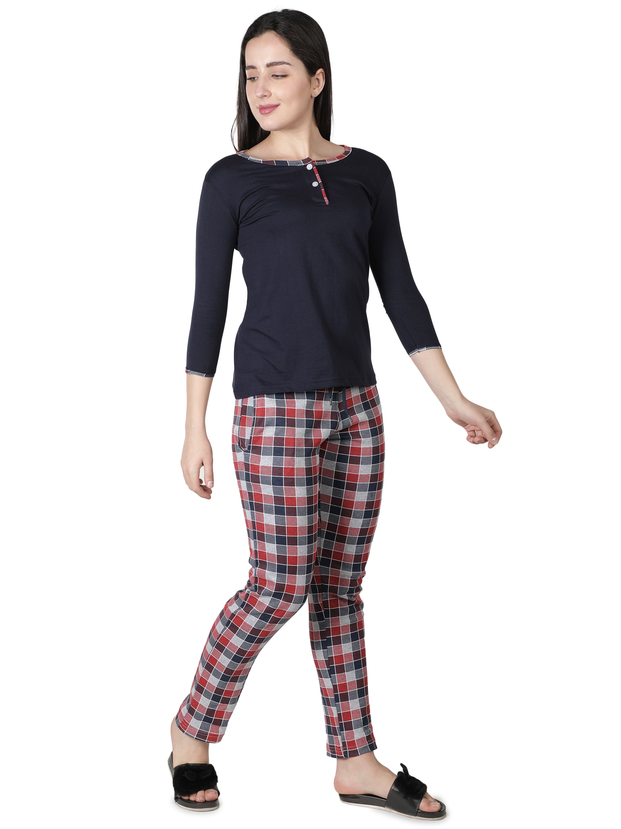 Women's Navy Blue and Checks Round Neck Pyjama Set - Timeless Comfort with a Twist