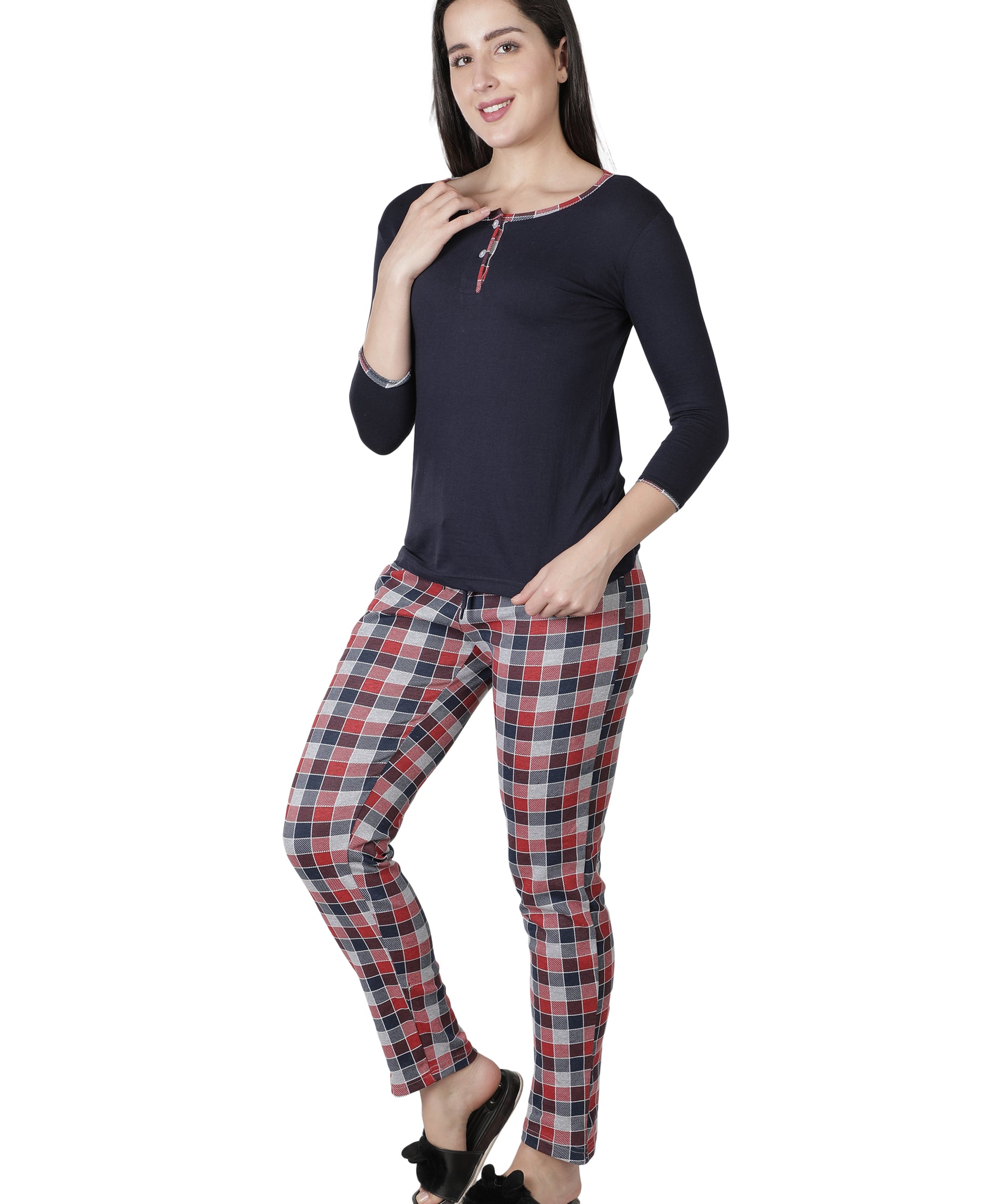 Women's Navy Blue and Checks Round Neck Pyjama Set - Timeless Comfort with a Twist