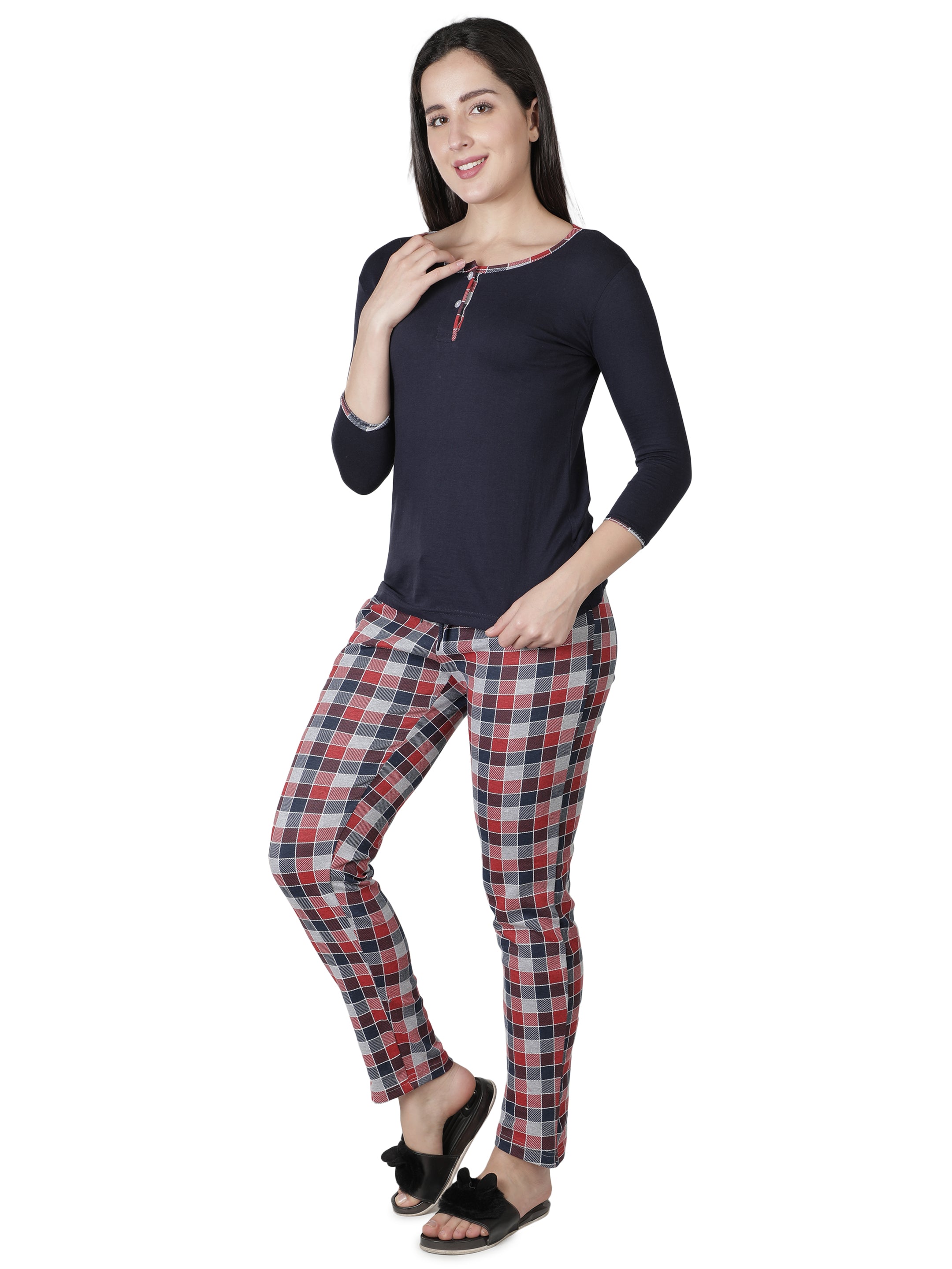 Women's Navy Blue and Checks Round Neck Pyjama Set - Timeless Comfort with a Twist
