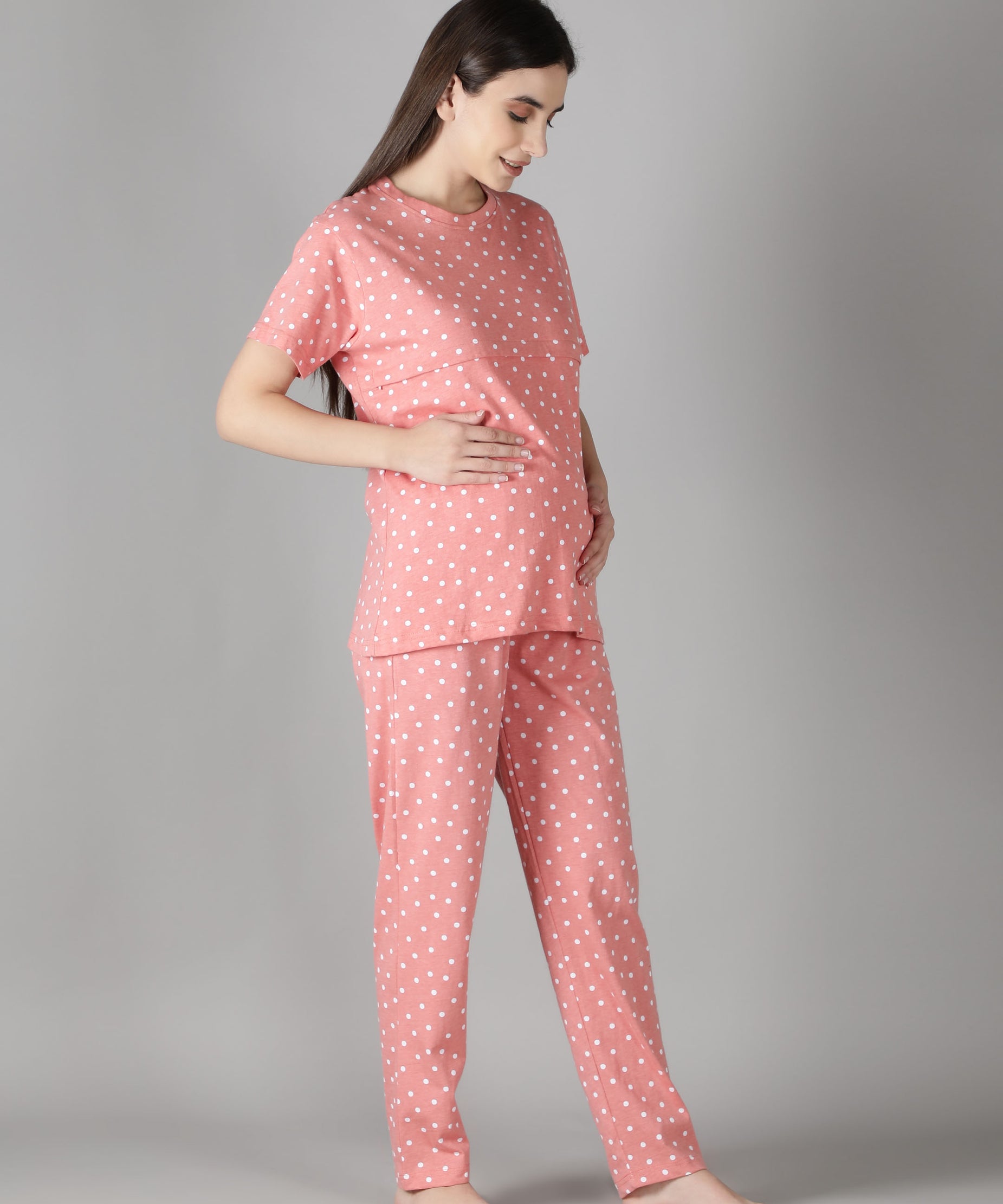 Women's Peach White Dots Nursing PJ Set - Practical & Stylish Maternity Sleepwear