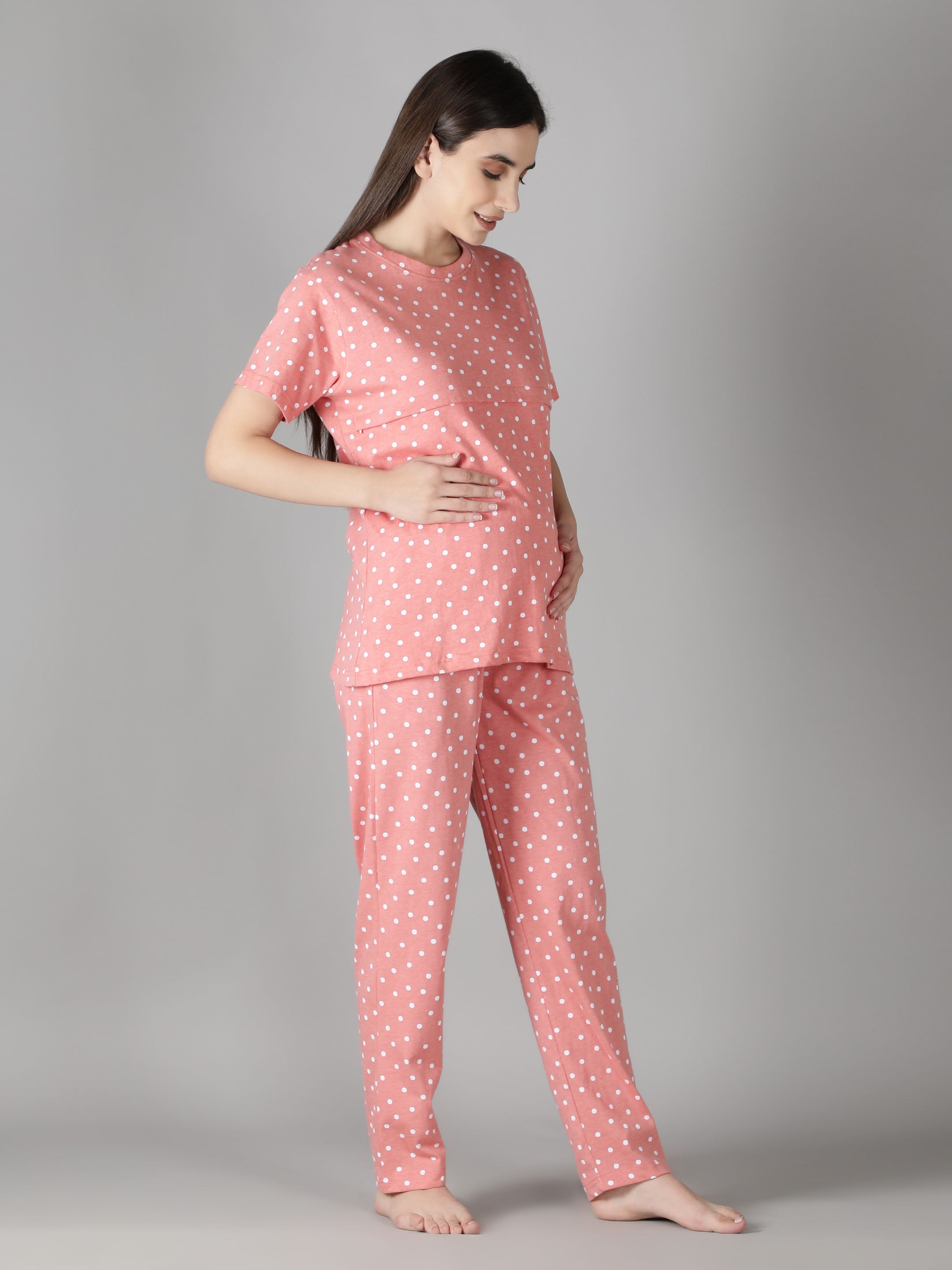 Women's Peach White Dots Nursing PJ Set - Practical & Stylish Maternity Sleepwear