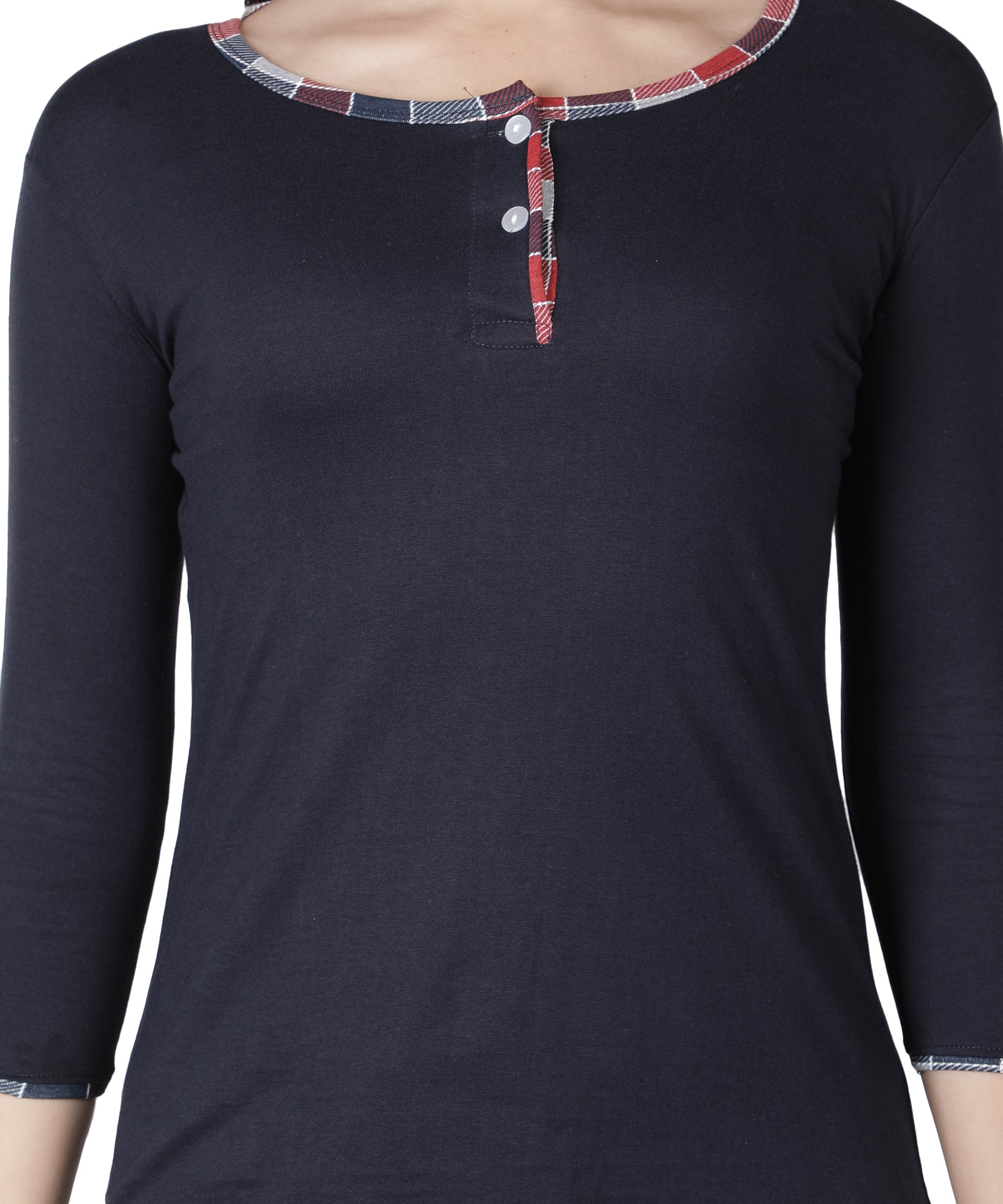 Women's Navy Blue and Checks Round Neck Pyjama Set - Timeless Comfort with a Twist