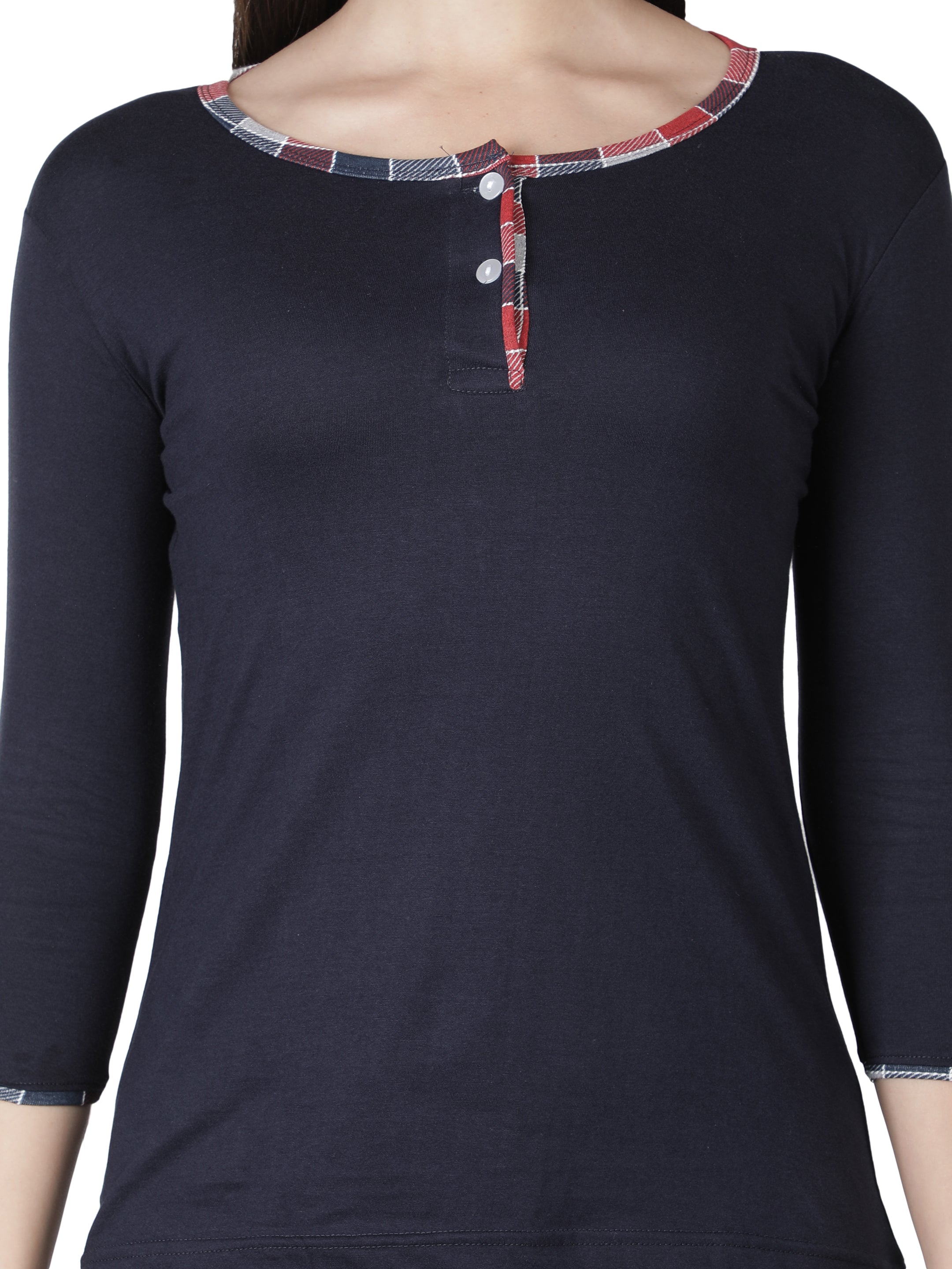 Women's Navy Blue and Checks Round Neck Pyjama Set - Timeless Comfort with a Twist