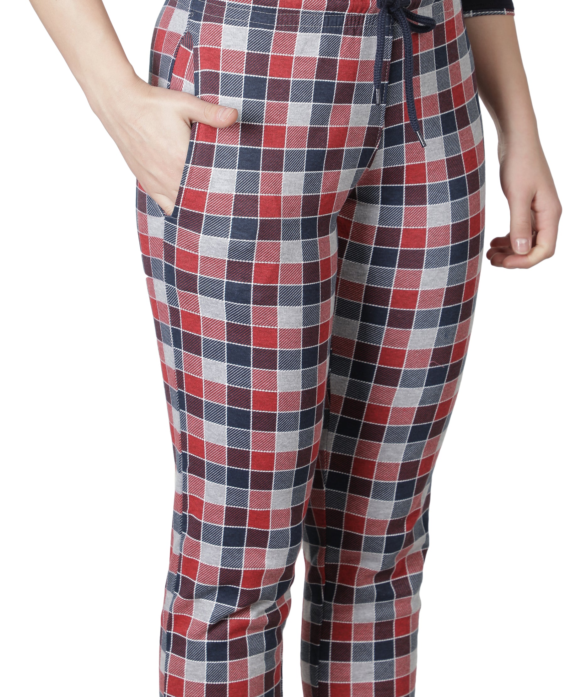 Women's Navy Blue and Checks Round Neck Pyjama Set - Timeless Comfort with a Twist