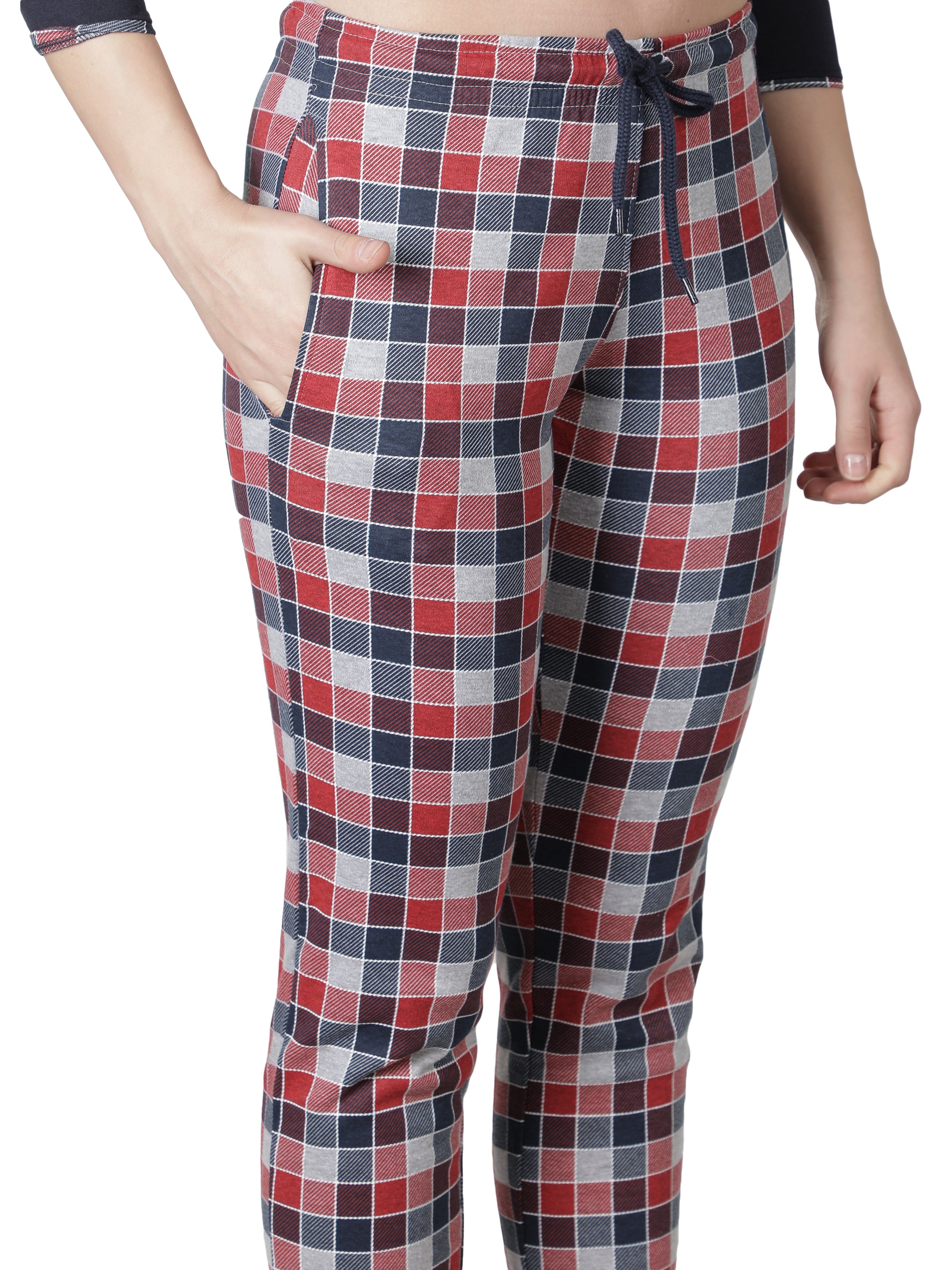 Women's Navy Blue and Checks Round Neck Pyjama Set - Timeless Comfort with a Twist