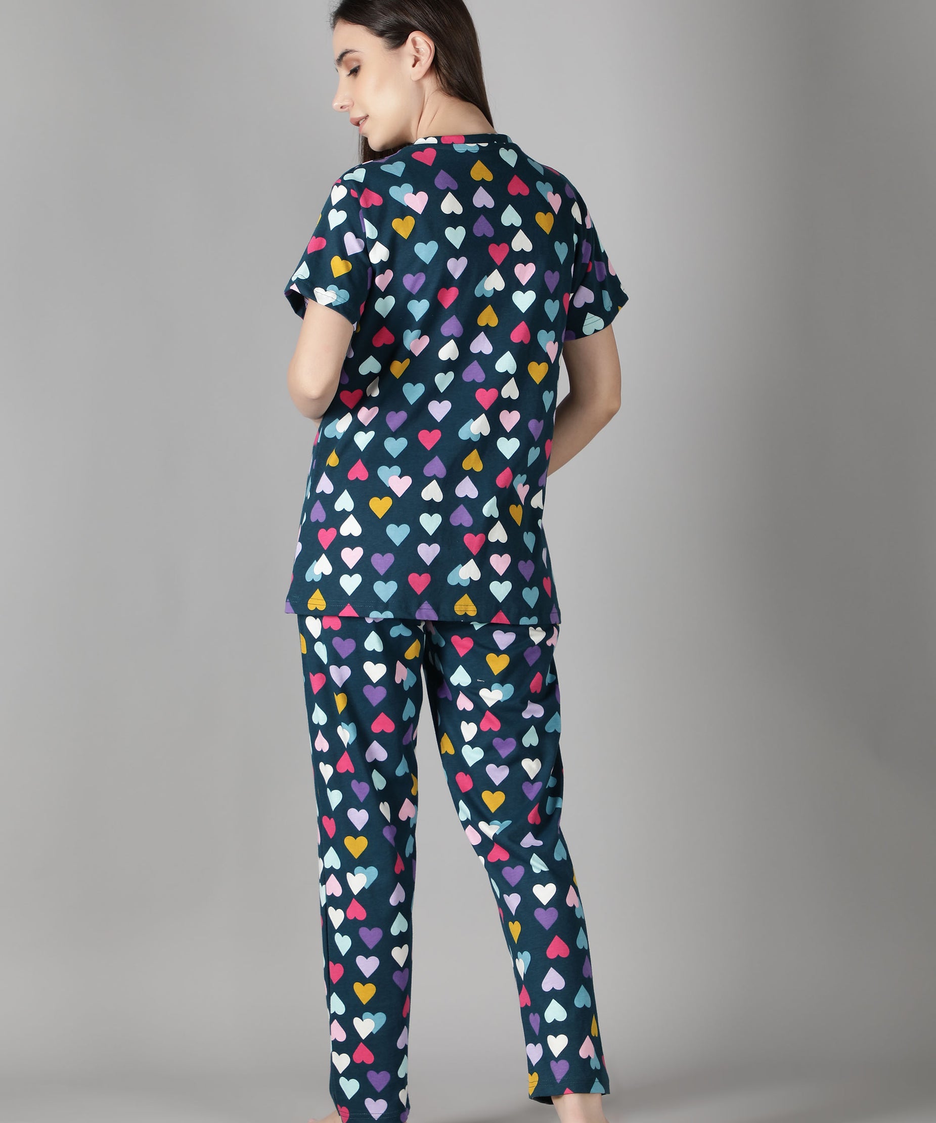 Women's Navy Multicolored Hearts Nursing PJ Set - Vibrant & Functional Maternity Sleepwear
