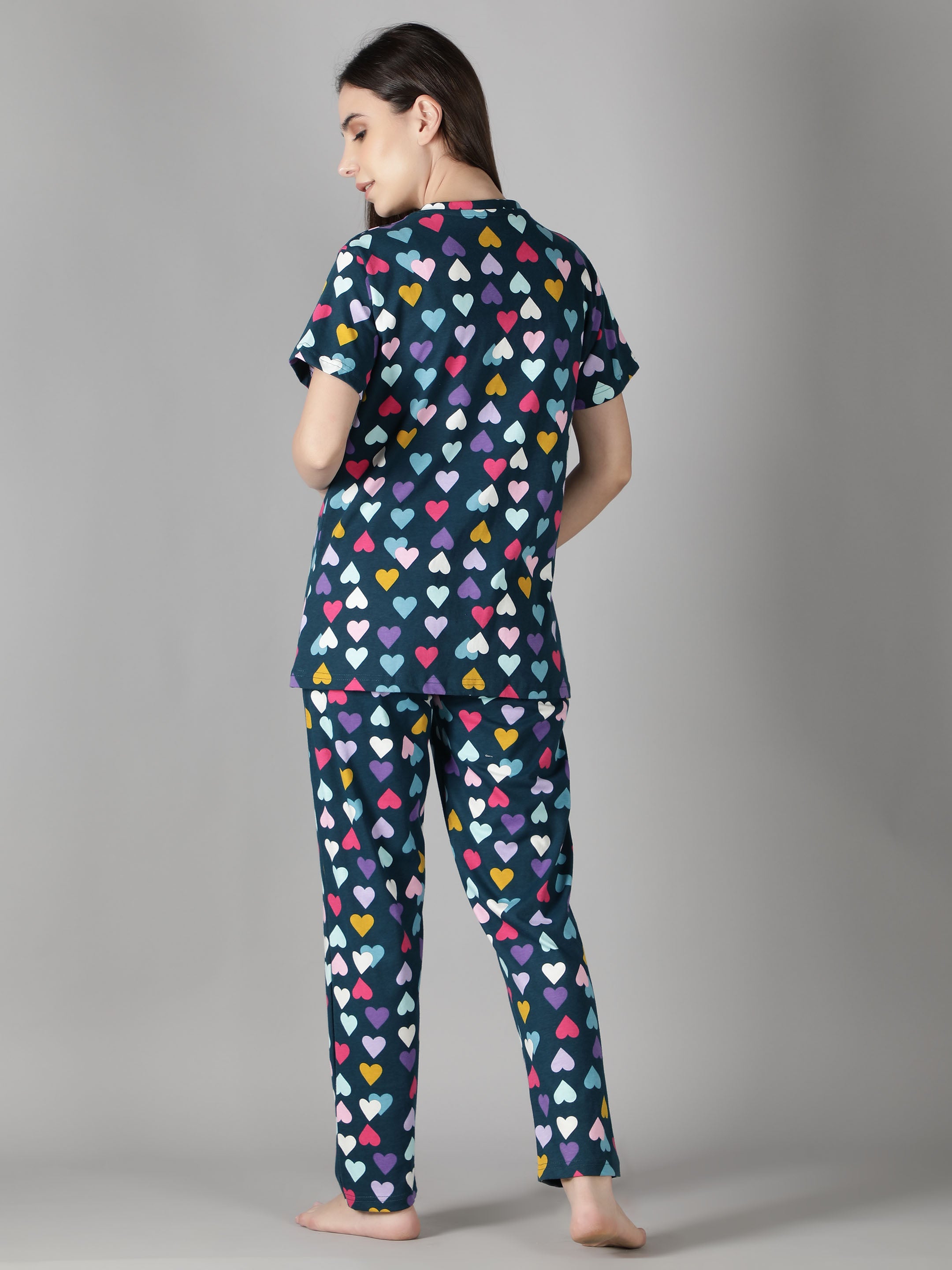 Women's Navy Multicolored Hearts Nursing PJ Set - Vibrant & Functional Maternity Sleepwear