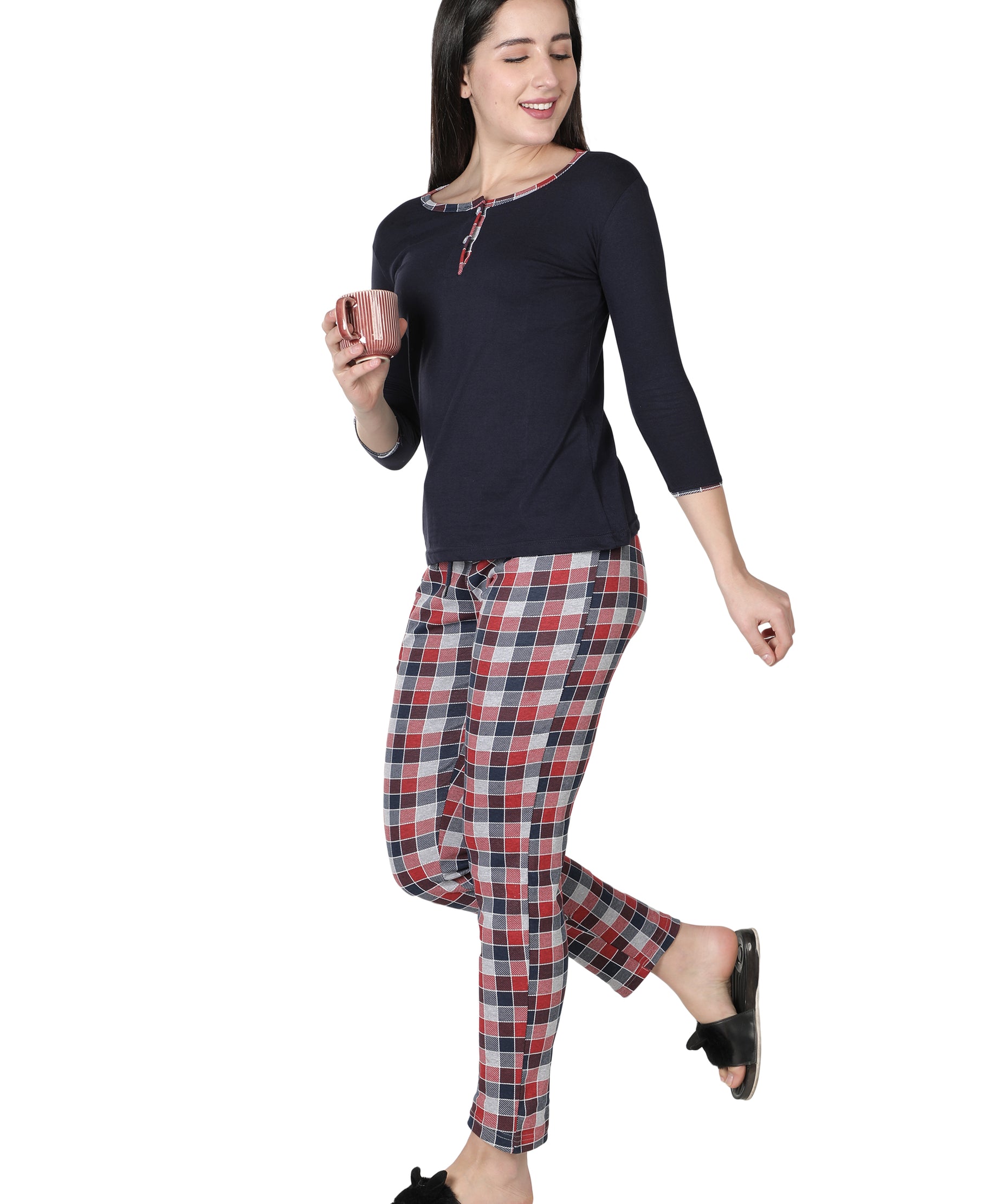 Women's Navy Blue and Checks Round Neck Pyjama Set - Timeless Comfort with a Twist