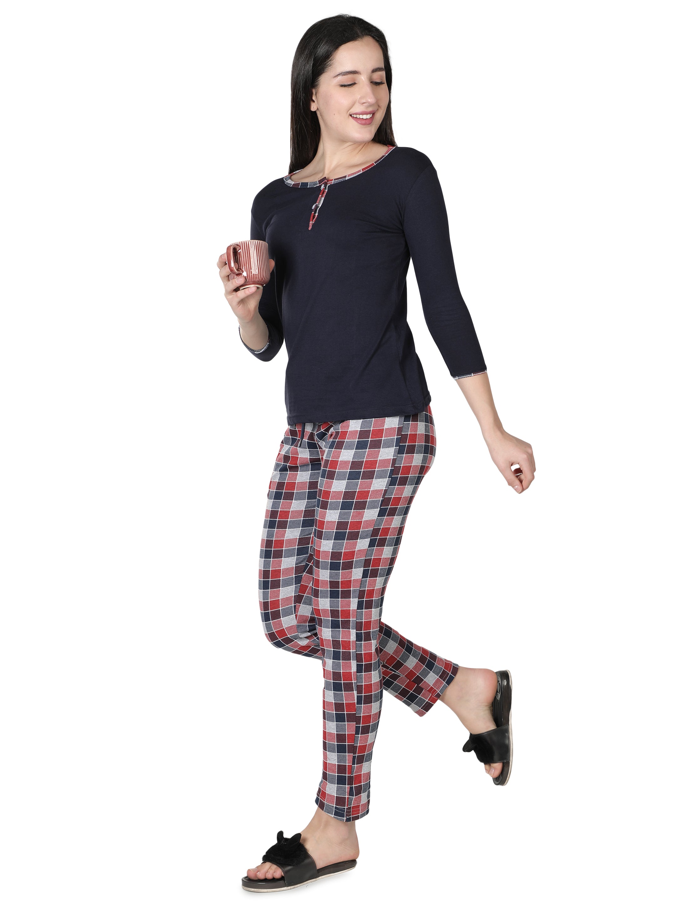 Women's Navy Blue and Checks Round Neck Pyjama Set - Timeless Comfort with a Twist