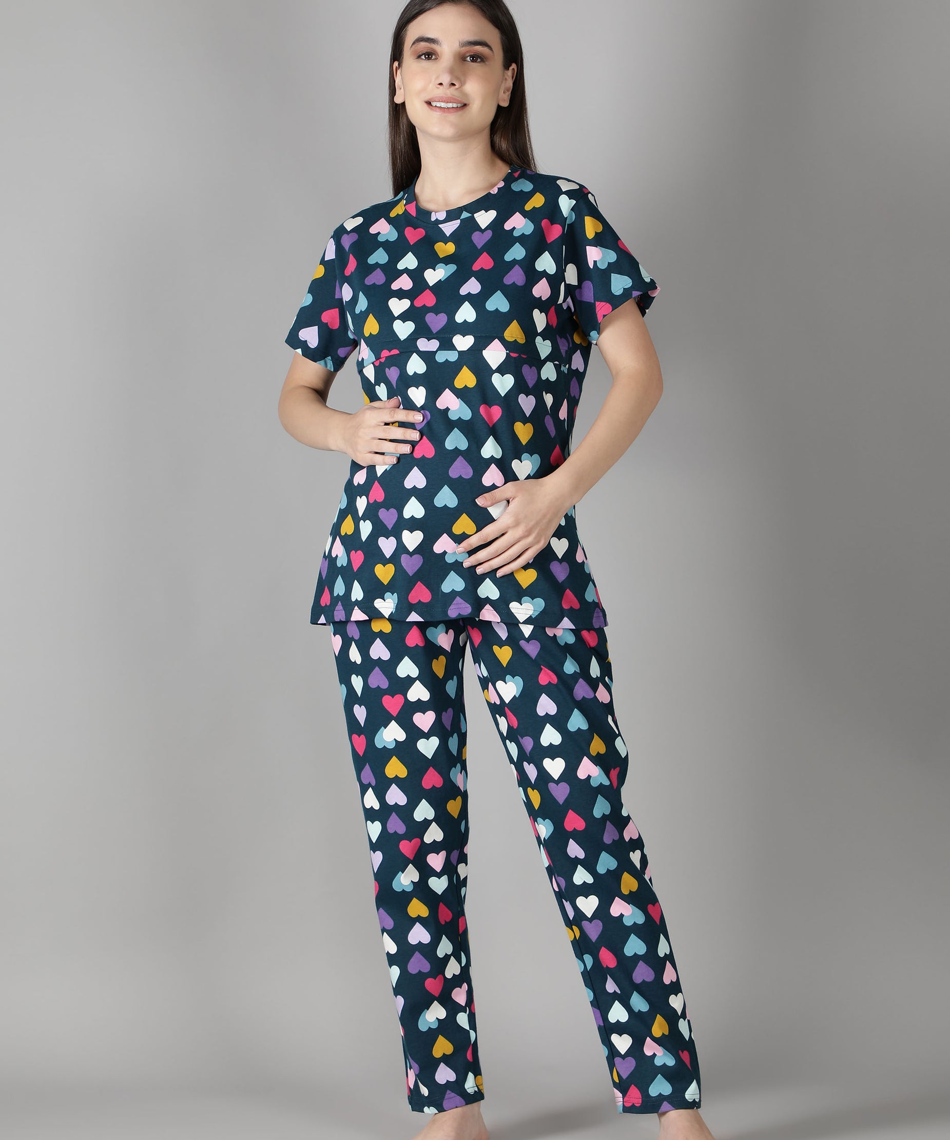 Women's Navy Multicolored Hearts Nursing PJ Set - Vibrant & Functional Maternity Sleepwear