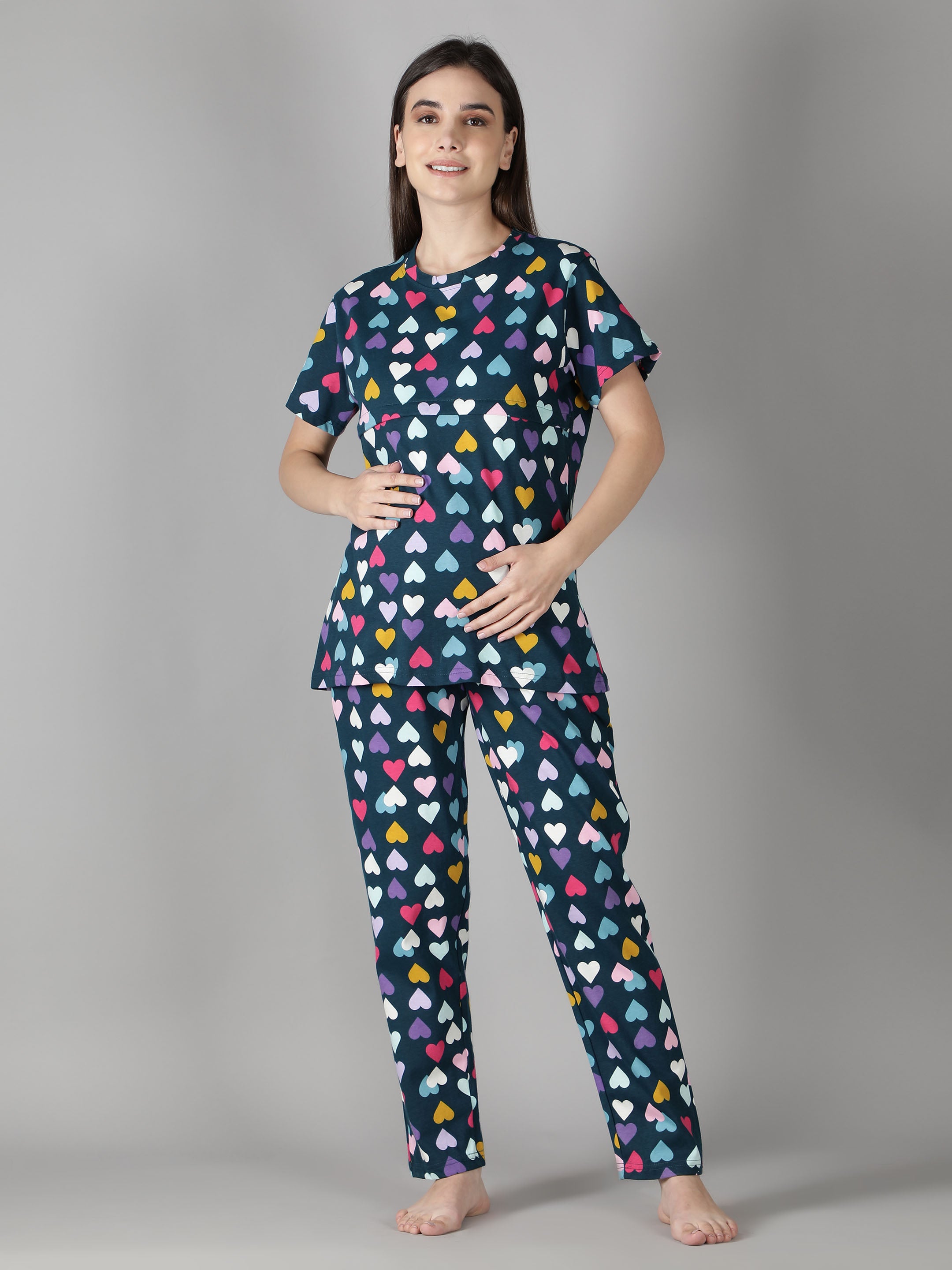 Women's Navy Multicolored Hearts Nursing PJ Set - Vibrant & Functional Maternity Sleepwear