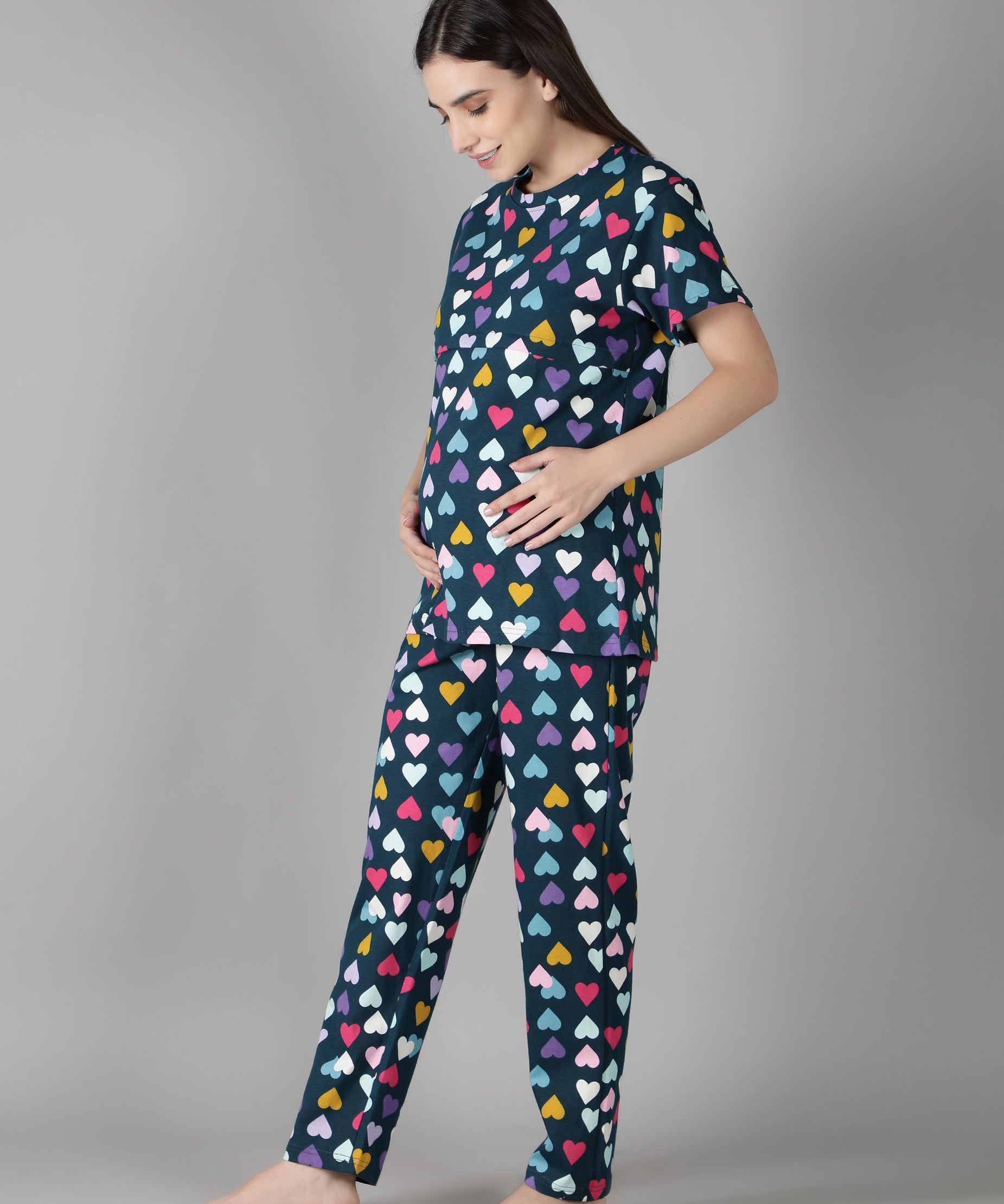 Women's Navy Multicolored Hearts Nursing PJ Set - Vibrant & Functional Maternity Sleepwear
