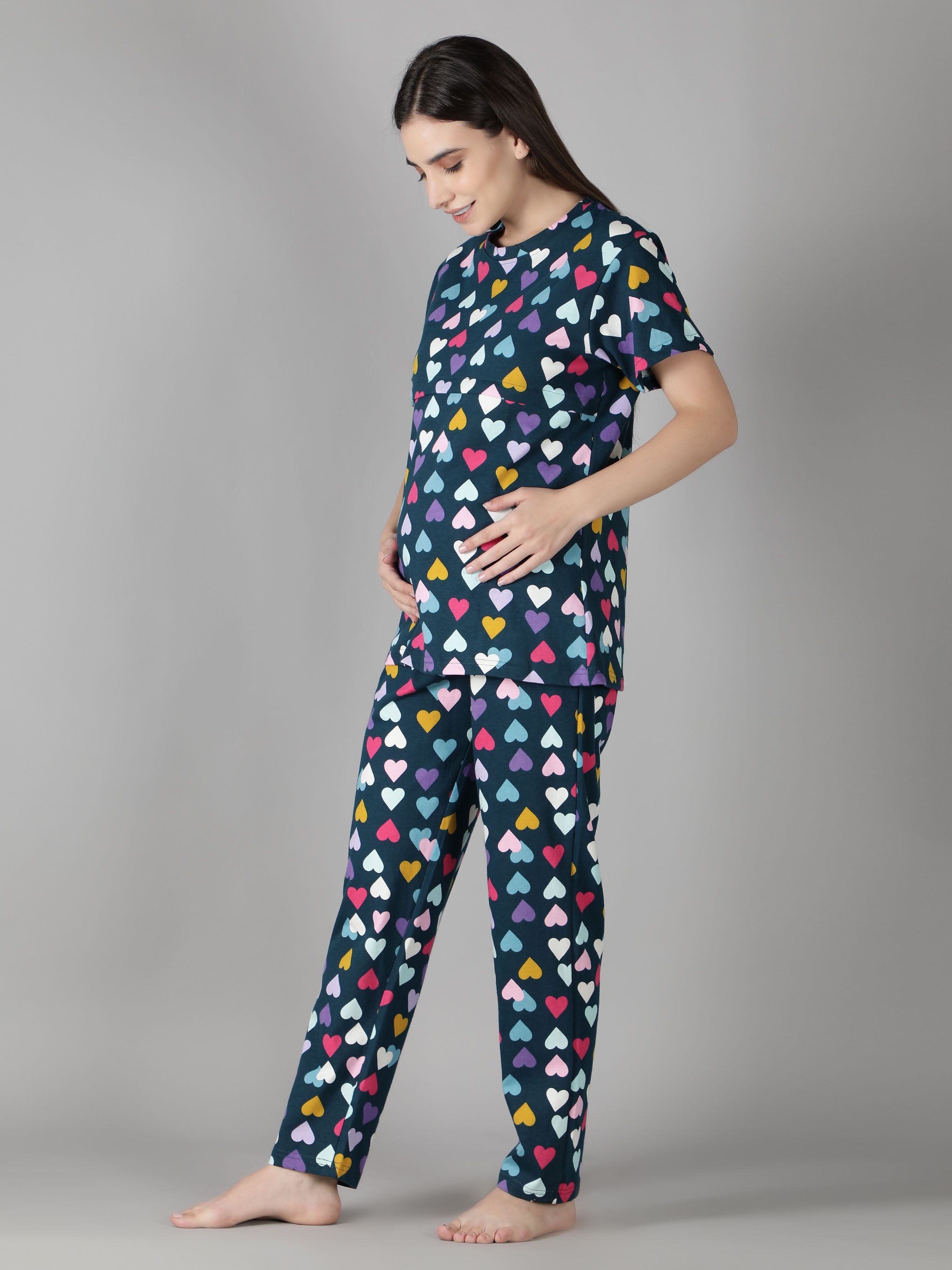 Women's Navy Multicolored Hearts Nursing PJ Set - Vibrant & Functional Maternity Sleepwear